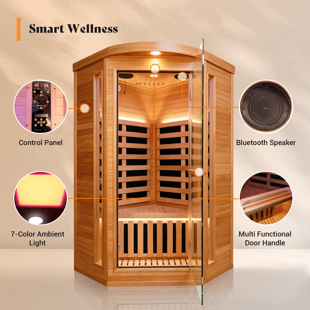 2 Person Infrared Sauna Far Infrared Sauna Room for Home Indoor 2000W Low-EMF Wood Dry Sauna with Full Starry Sky Lights Ceiling in 7 Color Speaker Fast Heating Easy Assembly- 47.3*41.3*74.8 IN