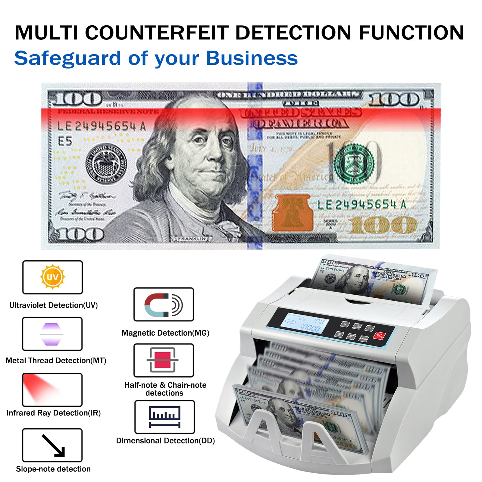 Money Counter Machine Count Value,UV/MG/MT/IR Counterfeit Detection Bill Counter,US Dollar only Cash Counter, Add+Value/Batch+Value Modes,Money Counting Machine with LCD Display (Black+Grey)