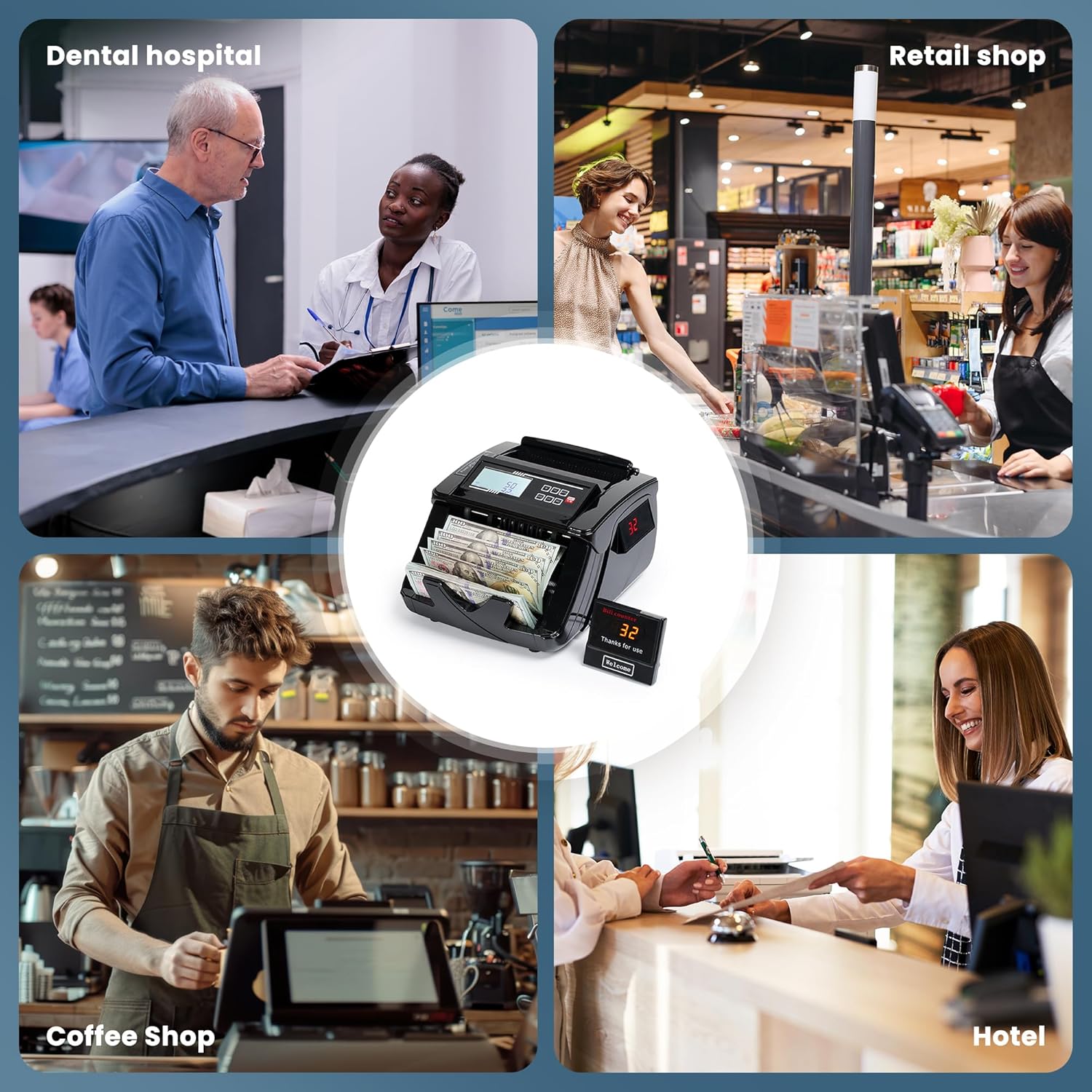 BODIOO Professional Money Counter Machine with UV/MG/IR/DD Detection, High-Speed 1000 Bills per Minute, USD and EUR Support, External LCD Display,Black