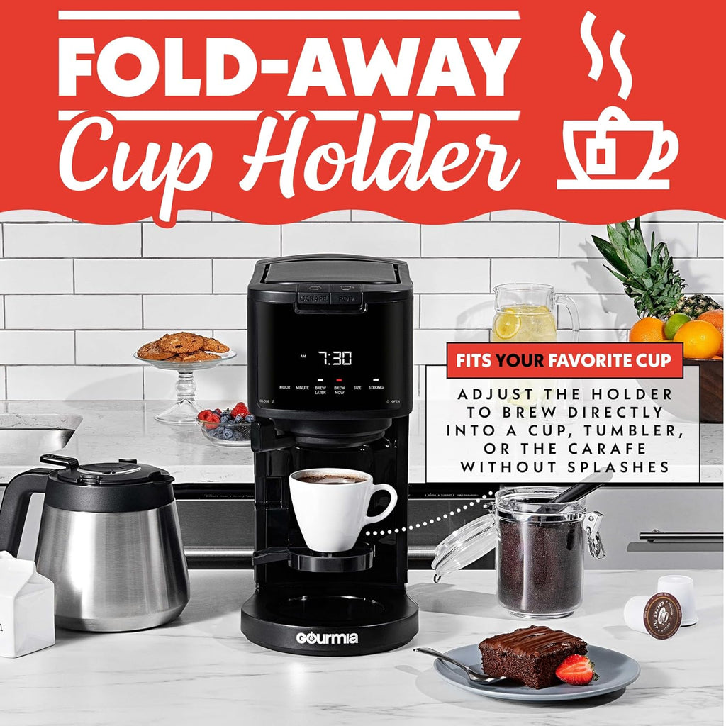 Gourmia 2-in-1 Single Serve and 12 Cup Coffee Maker - Drip Brew, K-Cup Compatible, Programmable, Pause and Serve, Removable Filter, Thermal Carafe, Black