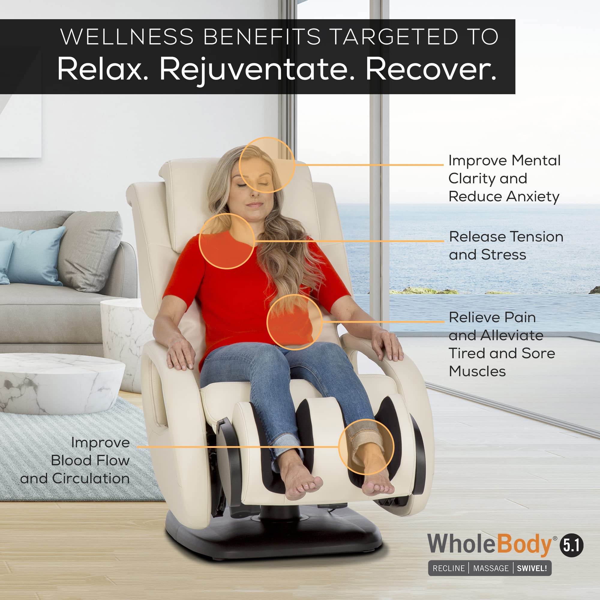 Human Touch WholeBody 5.1 Full Body Massage Chair Recliner Living Room Chair w/Retractable Ottoman- Personal Professional-Grade Stress + Muscle Pain Relief for Foot Leg Back Neck Massager - Bone