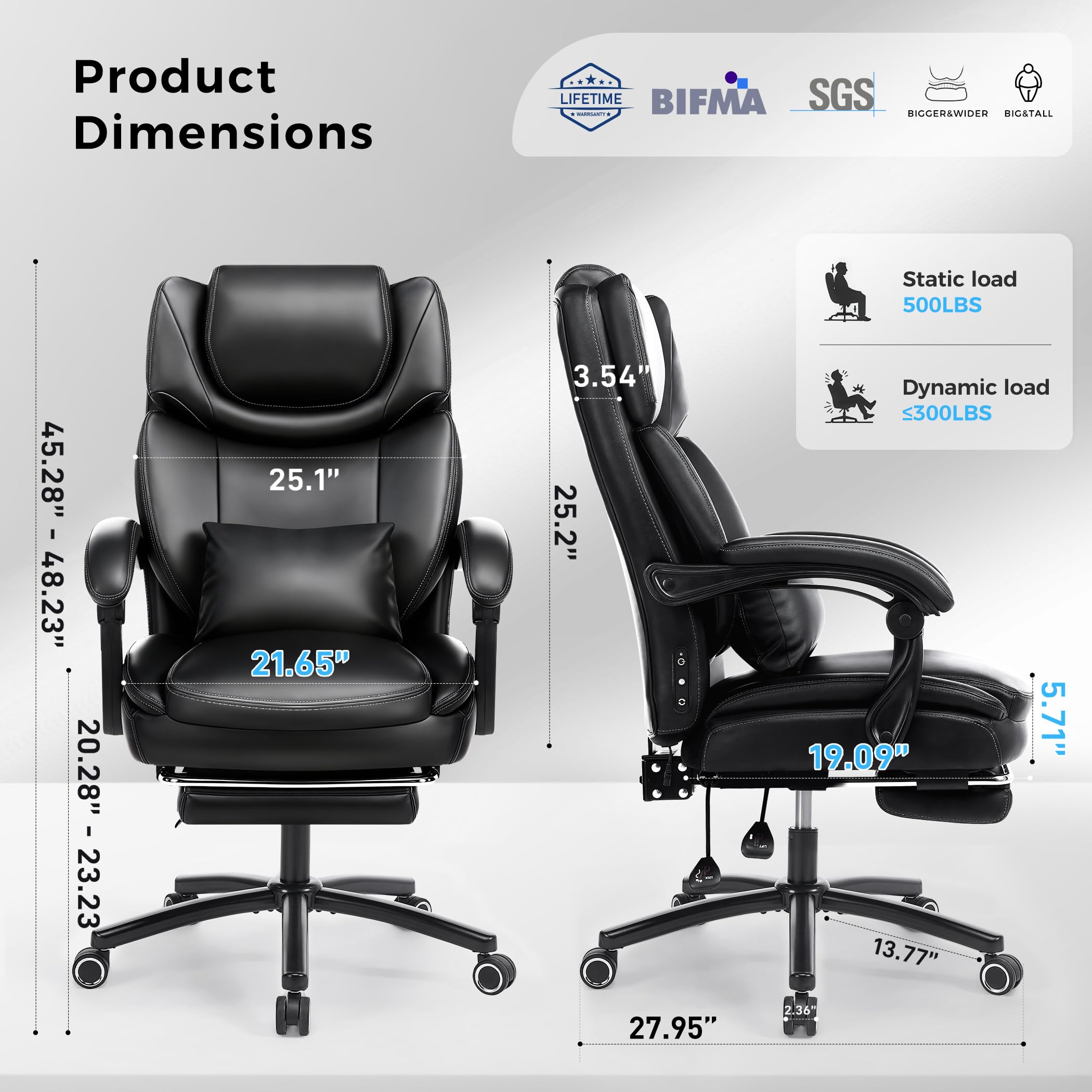 500lbs 3D Kneading Massage Office Chair with FootRest, Big and Tall Ergonomic Reclining Computer Gaming Chair, Padded Linkage Armrests, Heavy Duty Metal Base Executive Office Chair