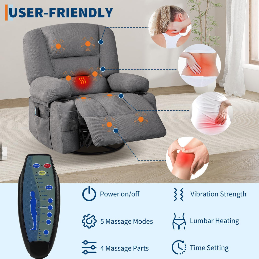 Oversized Wide Recliner Chair with Vibration Massage and Heat, 360° Swivel Recliner Glider for Adults,Chenille Fabric Manual Reclining Single Sofa with Cup Holders & Side Pockets for Living Room,White