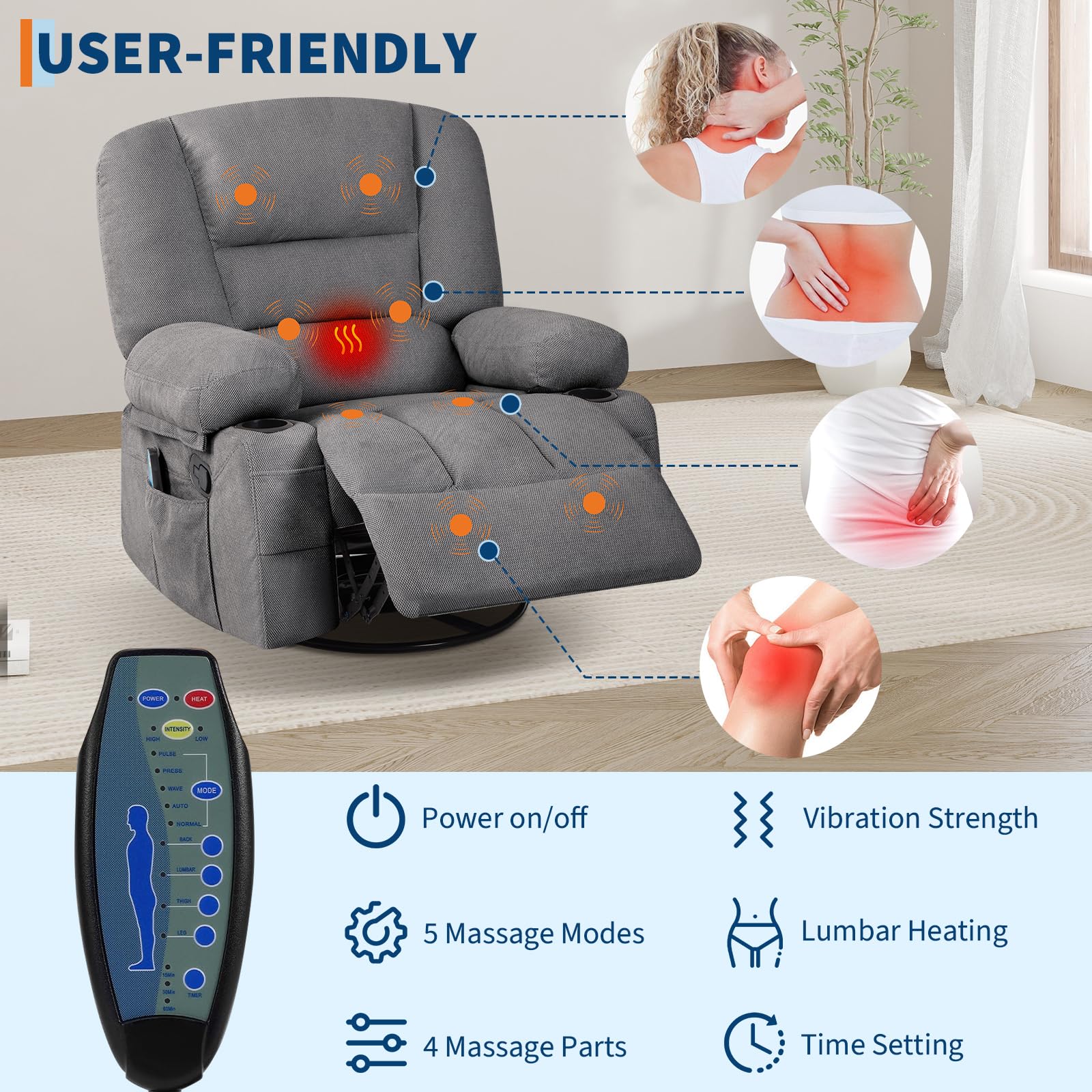 Oversized Wide Recliner Chair with Vibration Massage and Heat, 360° Swivel Recliner Glider for Adults,Chenille Fabric Manual Reclining Single Sofa with Cup Holders & Side Pockets for Living Room,White