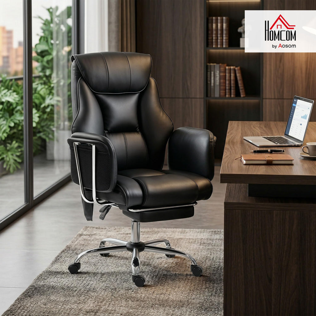 HOMCOM Massage Office Chair with 6-Point Vibration, 155° Recline & Retractable Footrest, PU Leather Executive Computer Desk Chair with Lumbar Support, Pocket Springs, Wheels for Home Office, Black
