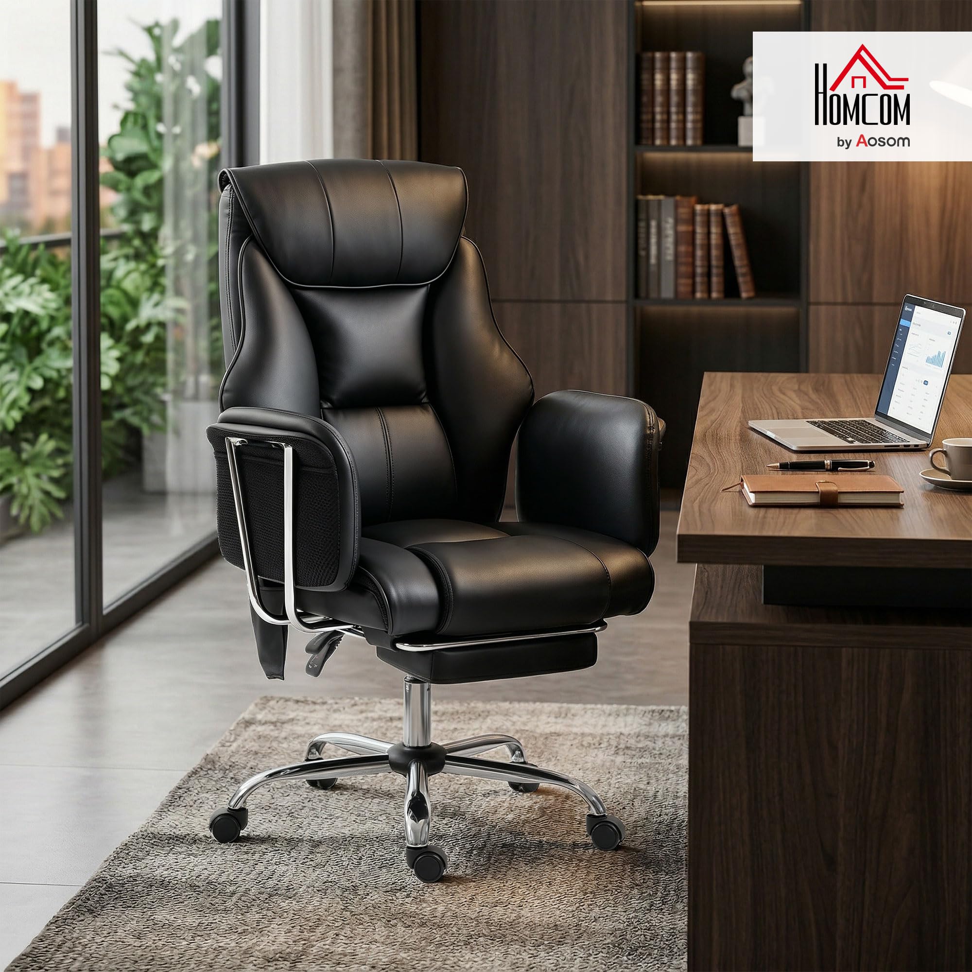 HOMCOM Massage Office Chair with 6-Point Vibration, 155° Recline & Retractable Footrest, PU Leather Executive Computer Desk Chair with Lumbar Support, Pocket Springs, Wheels for Home Office, Black
