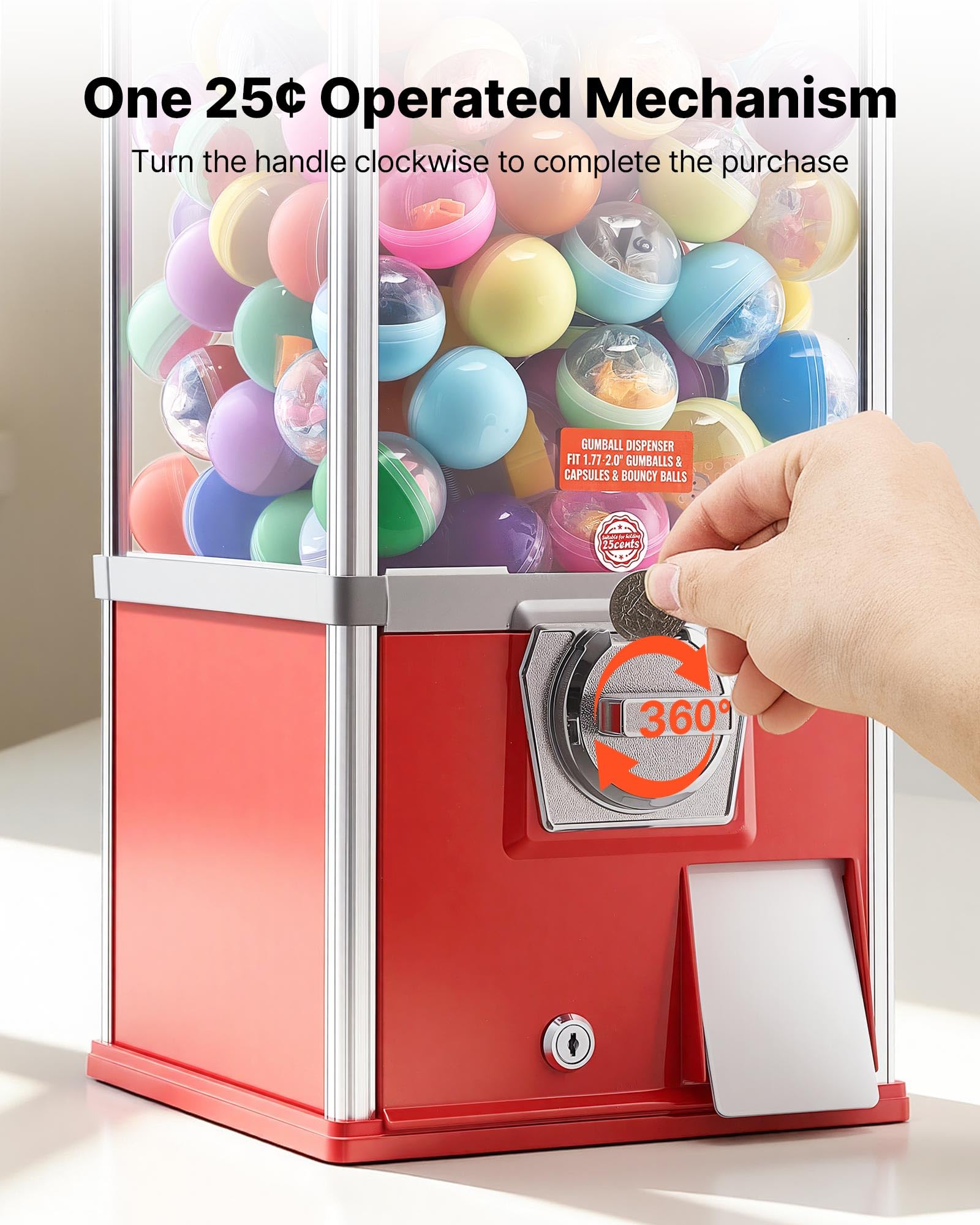 VEVOR Gumball Machine for Kids, 25" Height Home Vending Machine, PS Bouncy Balls Dispenser, Hold 230 Capsule Toys, Rectangle Bubble Gum Machine for Game Stores, Coin Operated Gumball Bank, Red