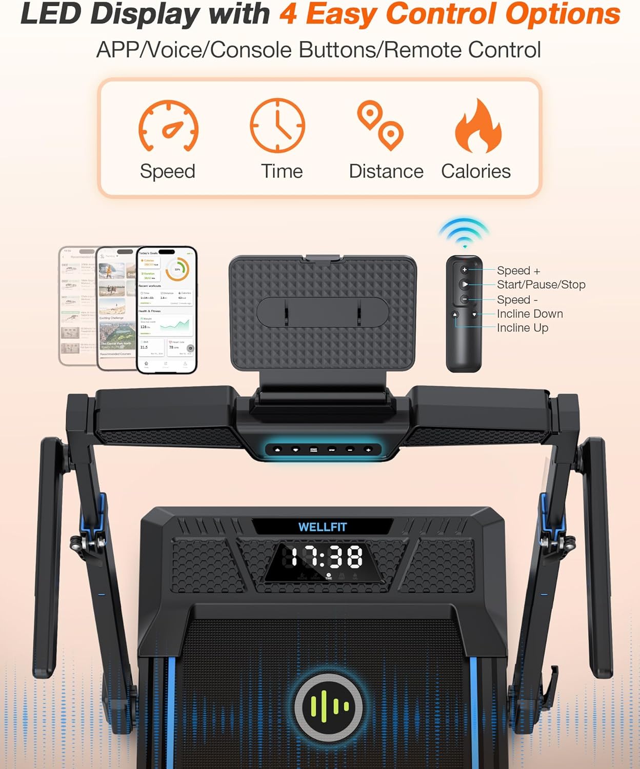 WELLFIT Treadmill with Auto Incline, 4 in 1 Foldable Treadmills for Home with Adjustable Height, 3.5HP Quiet Under Desk Treadmill, 400 LBS Capacity Portable Walking Pad with App, Space-Saving Design