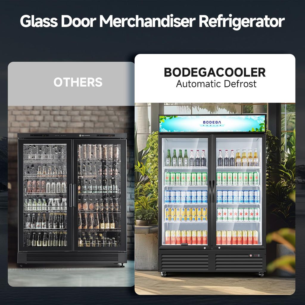 BODEGACOOLER Commercial Merchandiser Refrigerator, 27.02 Cu.Ft Double Glass Door Beverage Cooler, Upright Display Refrigerator with Soft LED Light, Adjustable Shelves, 4 Heavy-Duty Casters, Black