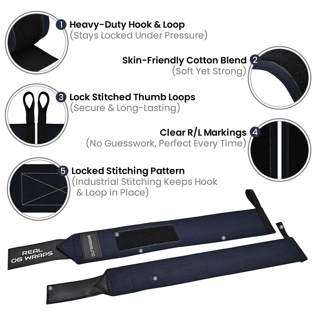 18" OG-Grade Wrist Wraps for Weightlifting – Heavy Duty Wrist Support with Thumb Loop & Lockdown Strap – Wrist Straps for Powerlifting, Bench Press & Gym Training