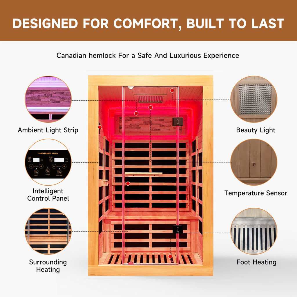 2 Person Infrared Sauna Far Infrared Sauna Room for Home Indoor 2000W Low-EMF Wood Dry Sauna with Full Starry Sky Lights Ceiling in 7 Color Speaker Fast Heating Easy Assembly- 47.3*41.3*74.8 IN