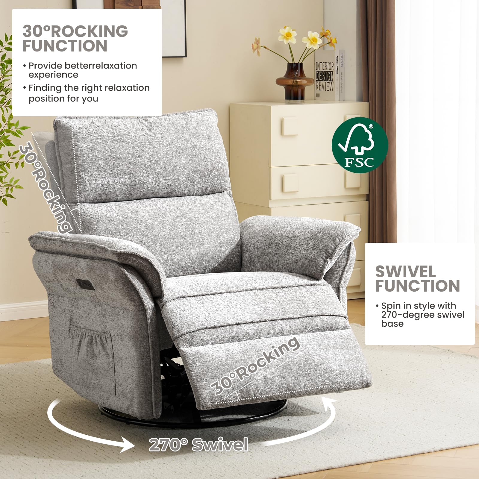 Oversized Rocking Chair Nursery with Massage and Heat, Glider Recliner Nursery Chair with Adjustable Headrest, Power Swivel Rocker Recliner Chair with USB Port, Dark Grey