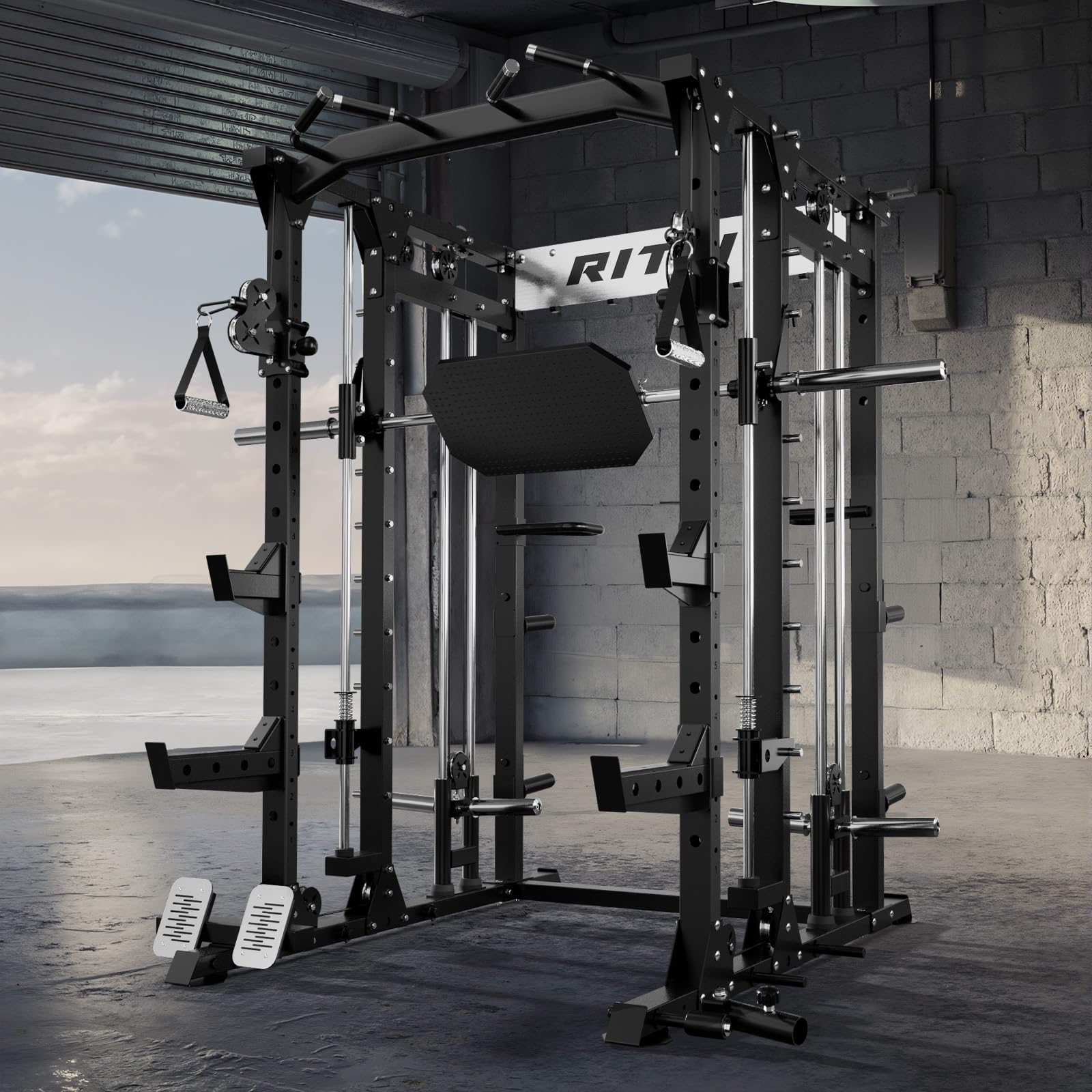 RitFit Buffalo Smith Machine, Power cage with LAT-Pull Down System & Cable Crossover System, All-in-One Squat Rack for Home Gym, Power Rack