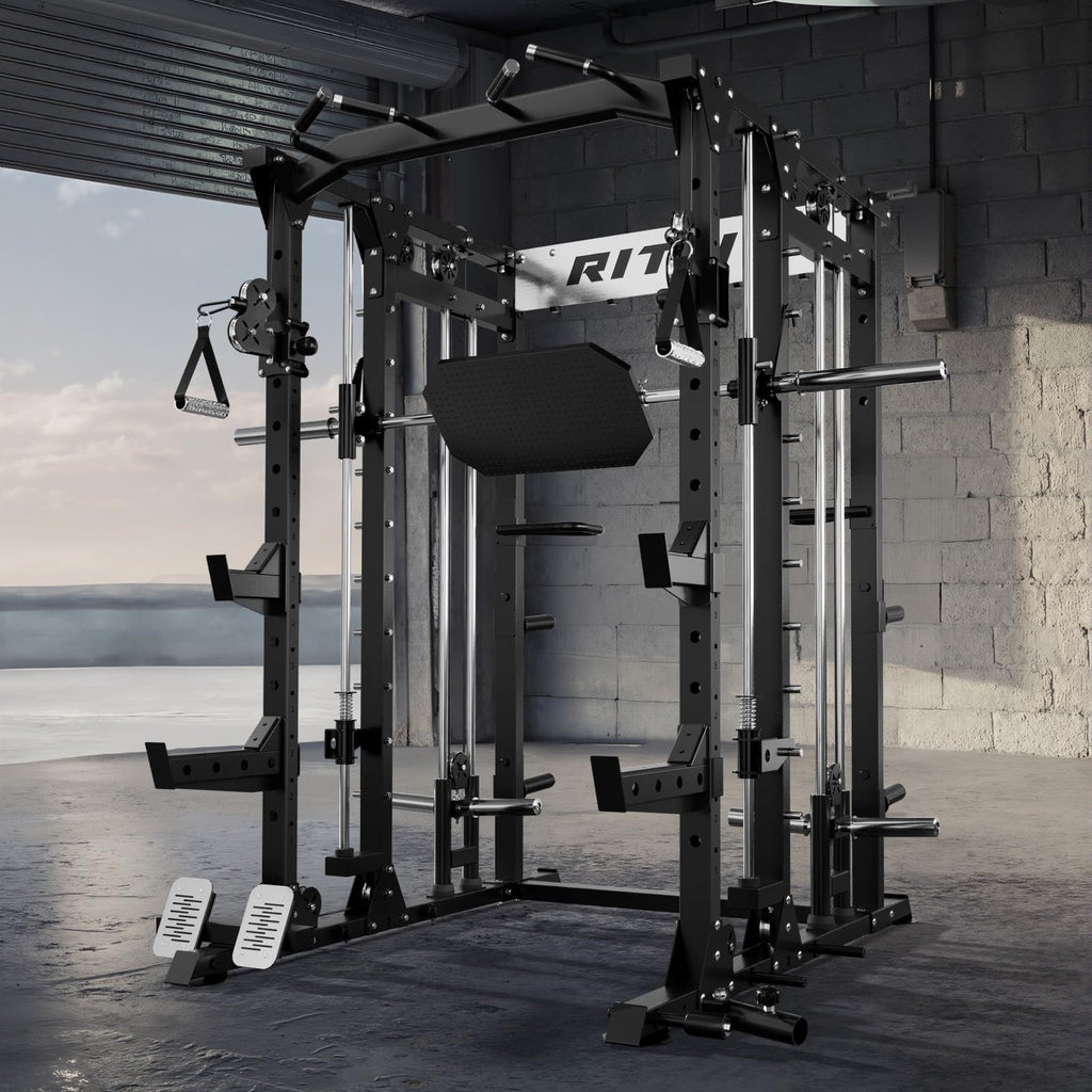 RitFit Buffalo Smith Machine, Power cage with LAT-Pull Down System & Cable Crossover System, All-in-One Squat Rack for Home Gym, Power Rack