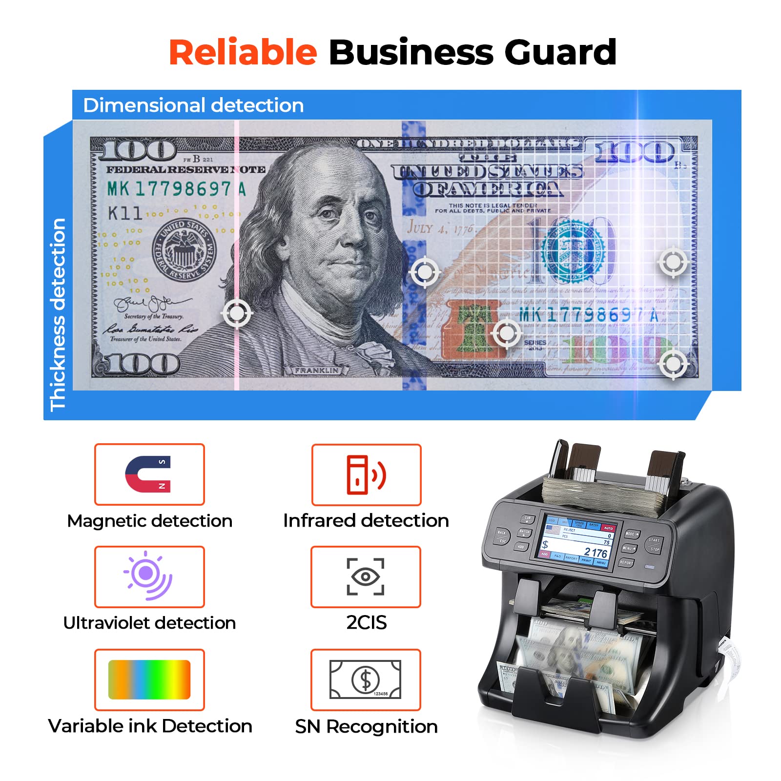 MUNBYN 2-Pocket Money Counter Machine Mixed Denomination, Money Sorter, Built-in Printer, Sort on DENOM/FACE/ORI, Value Counting, 2 CIS/UV/MG/IR Counterfeit Detection, Touch Screen, 2Y Protection