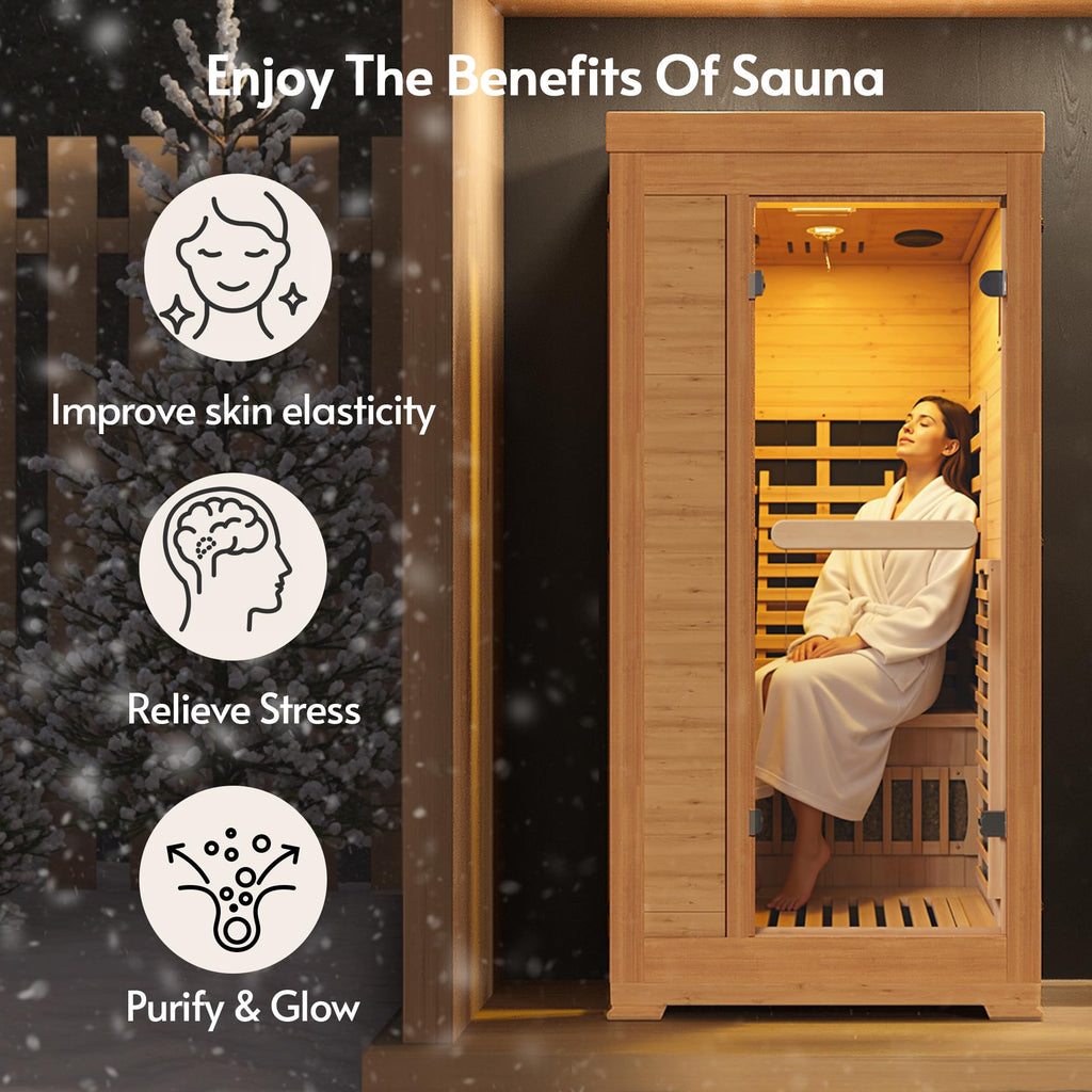 1 Person 5.2Ft Mini Infrared Sauna, 7 Color Full Spectrum Wood Dry Sauna. Canadian Hemlock Indoor Saunas with 1240W 20Min Fast Heating & Music Speakers for Home & Gym (28 Lx35 Wx63 H)