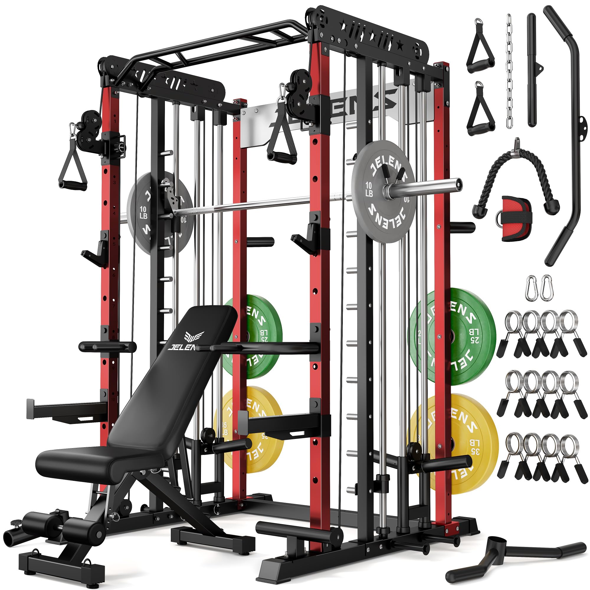 JELENS Smith Machine for Home Gym, Multi-Function M12 Power Cage with Cable Crossover System, Squat Rack with Smith Bar and More Attachment