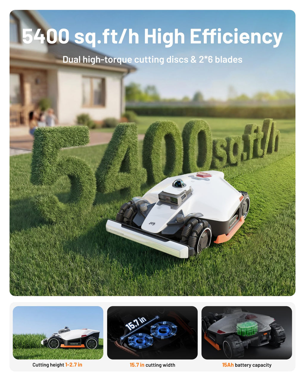 Mammotion LUBA 3 AWD 5000H Robot Lawn Mower for 1.25 Acres, 360° LiDAR+NetRTK+AI Vision Tri-Fusion Positioning, All-Wheel-Drive for 80% Slopes, 50 Multi-Zone Management, Cutting Height 2.2"-4.0"