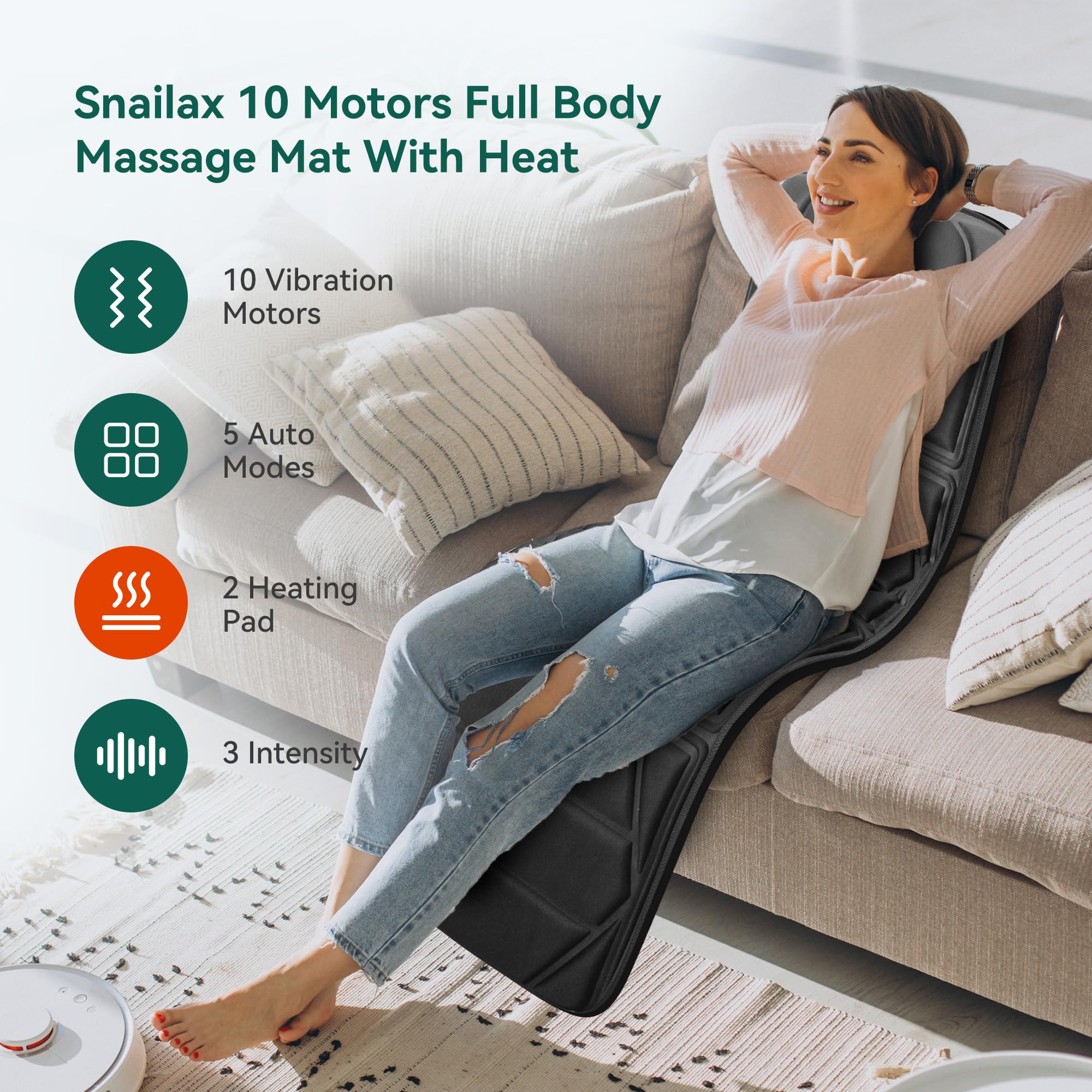 Snailax Fathers Day Dad Gift Massage Mat with Heat, Back Massage Pad for Bed, Chair, 10 Motors Vibrating Massage Mattress Pad with 2 Heating Pads for Back, Full Body Massager