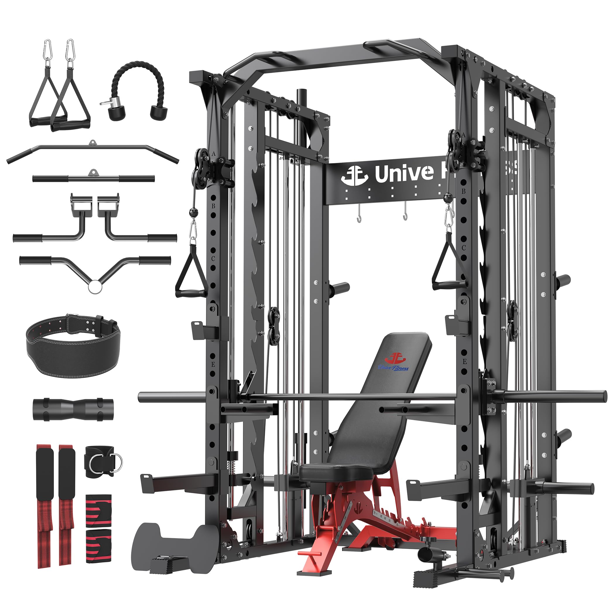 Unive Fitness Smith Machine, Commercial-Grade All-in-One Home Gym Power Cage with Squat Rack, Dual Cable Crossover & Pulley System, Complete Attachments for Full Body Workouts