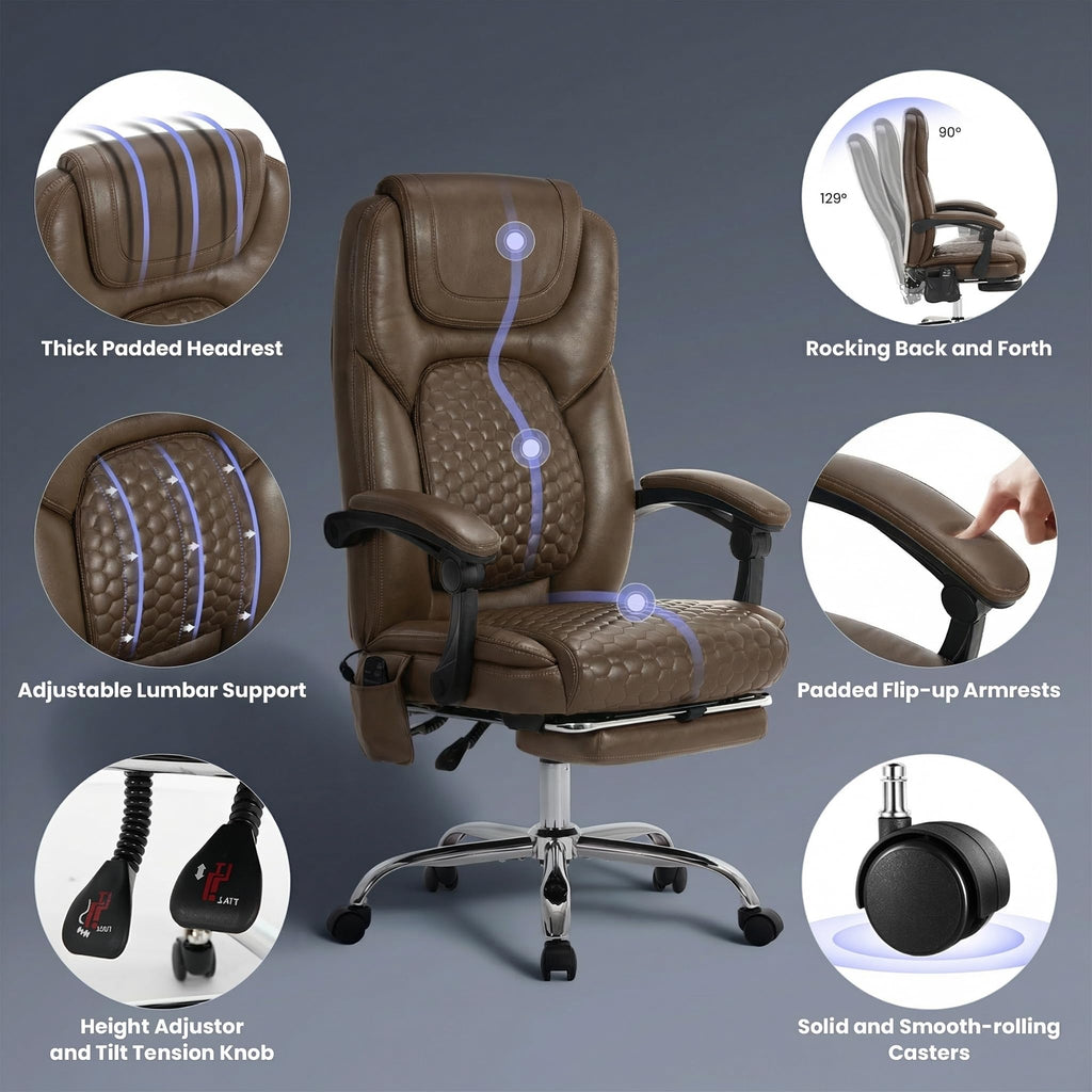 MALOL Massage Office Chair with Heat and Footrest - 3-Level 65°C Targeted Heating, 20-Min Easy Assembly Leather Desk Chair, Big and Tall Executive Computer Chair with Side Pocket, 300 lbs, Beige