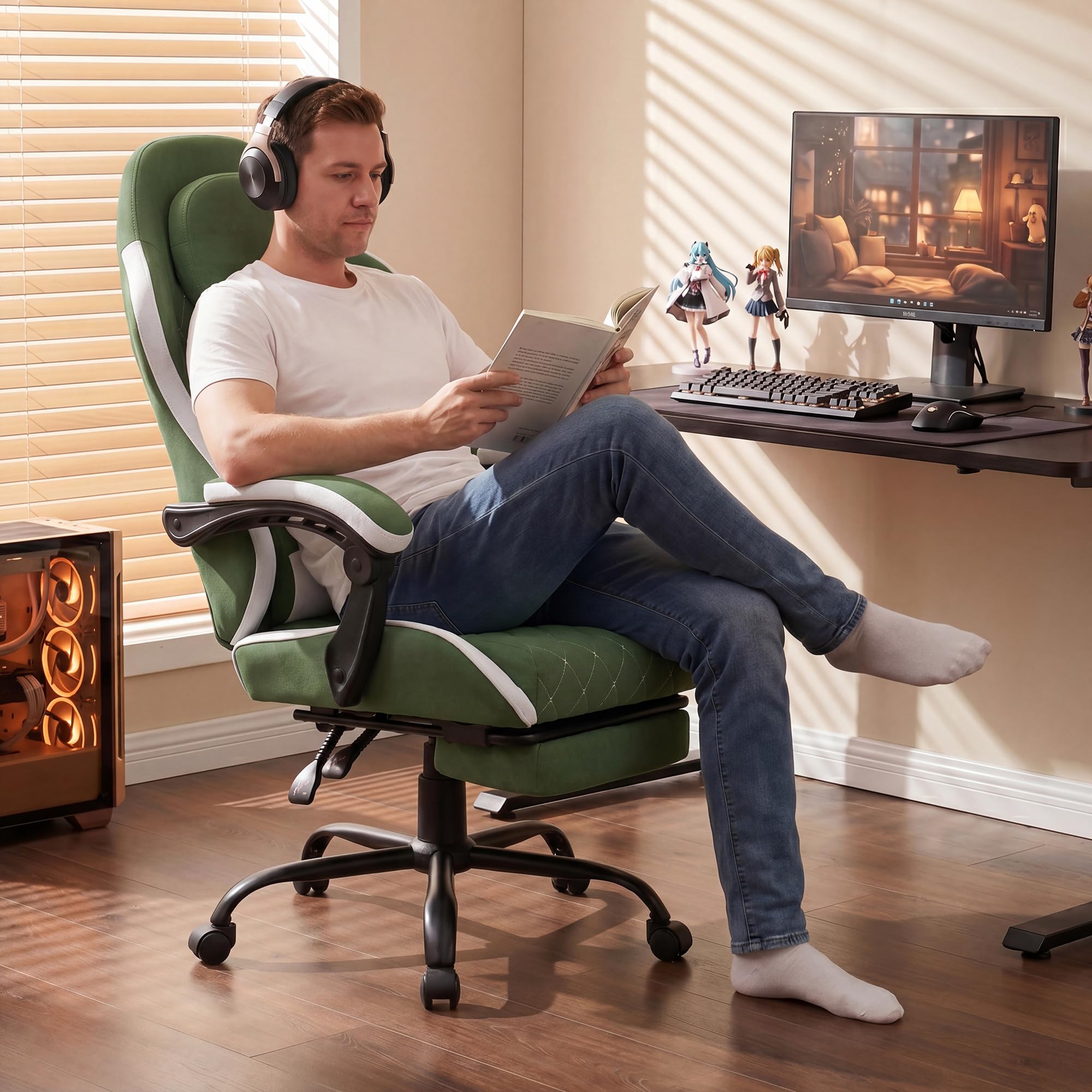 Shintenchi Big and Tall Gaming Chair Fabric Pocket Spring Cushion,High Back Recliner with Footrest and Headrest for Adults, Massage Lumbar Support for Home Office, Ergonomic Computer Desk Chair, Blue