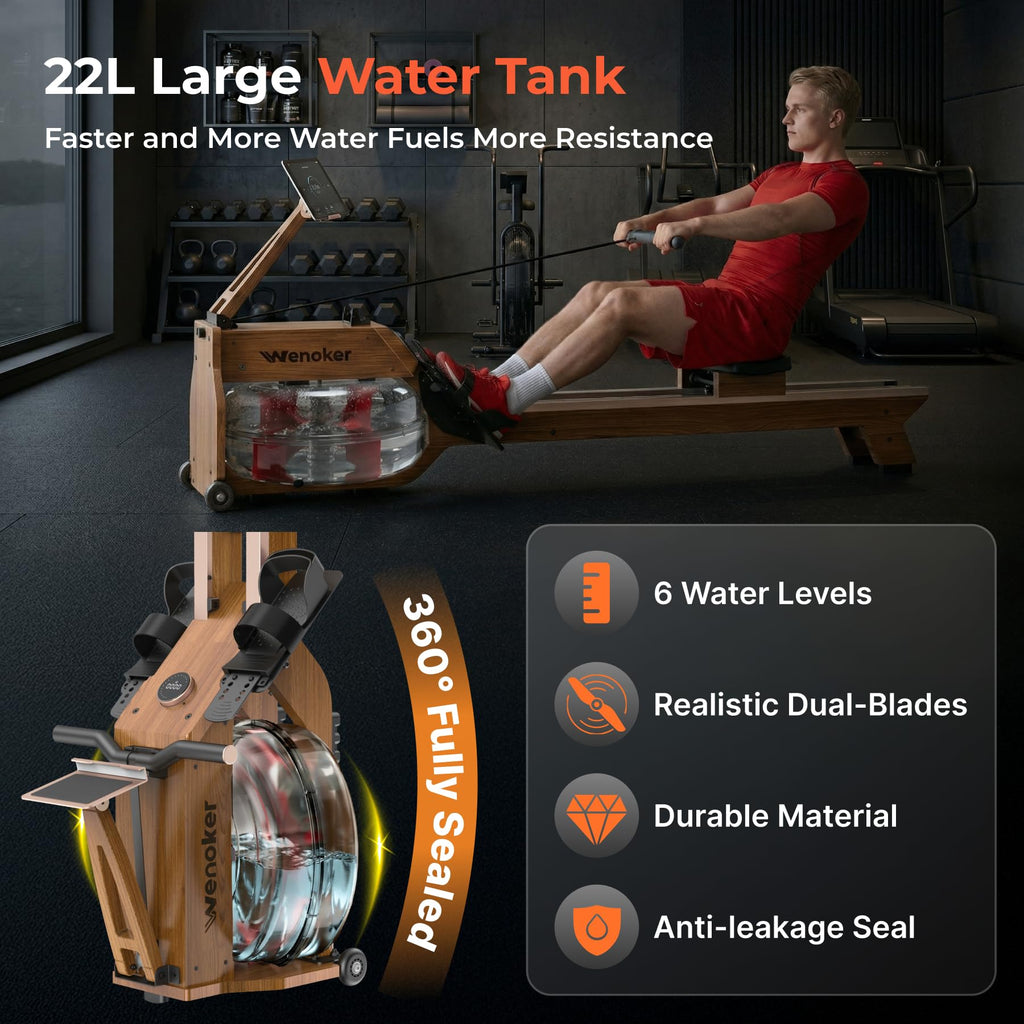 WENOKER Water Rowing Machines for Home Use, Water-Magnetic Dual Resistance Professional Rower Machine with Smart Electronic Knob,Wooden Row with Bluetooth App Compatible for Home Gym Exercise 400 LBS