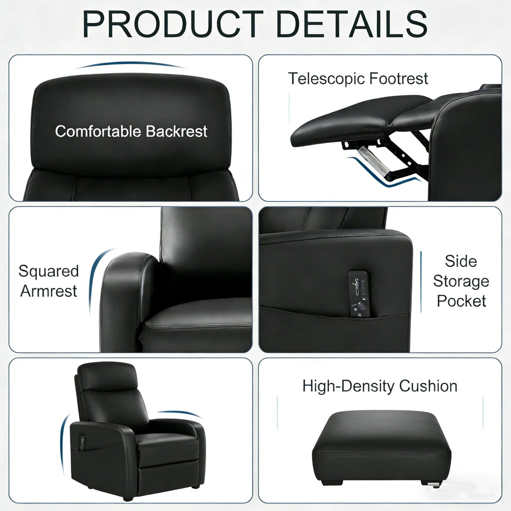 Simple Deluxe Massage Recliner Chair - Adjustable PU Leather Recliner, Luxe Reading Chair & Sofa Chair for Living Room Chairs or Bedroom Chair, Small Recliner for Home Theater, Black
