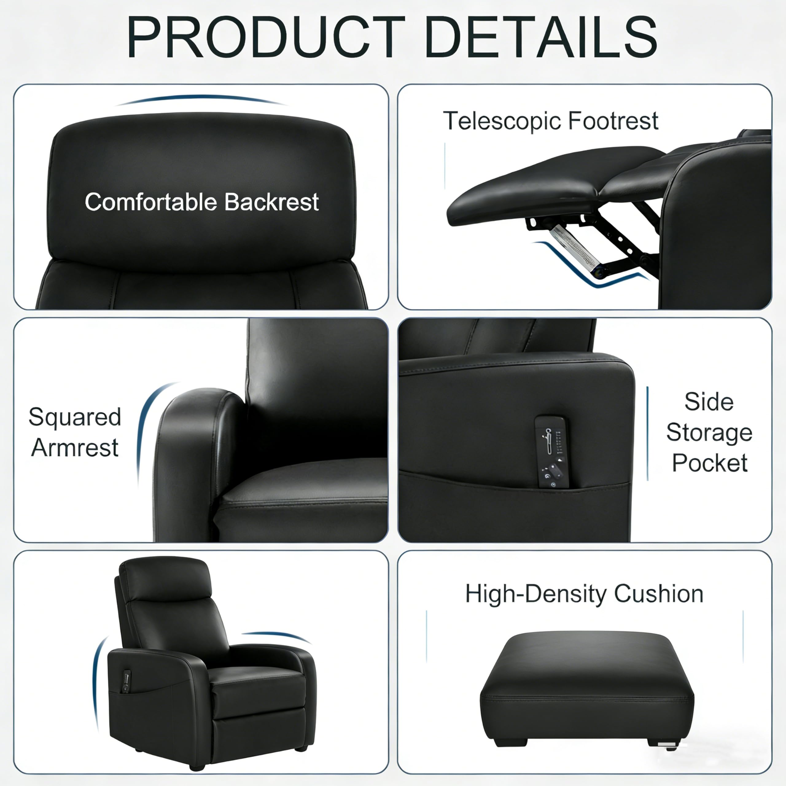 Simple Deluxe Massage Recliner Chair - Adjustable PU Leather Recliner, Luxe Reading Chair & Sofa Chair for Living Room Chairs or Bedroom Chair, Small Recliner for Home Theater, Black