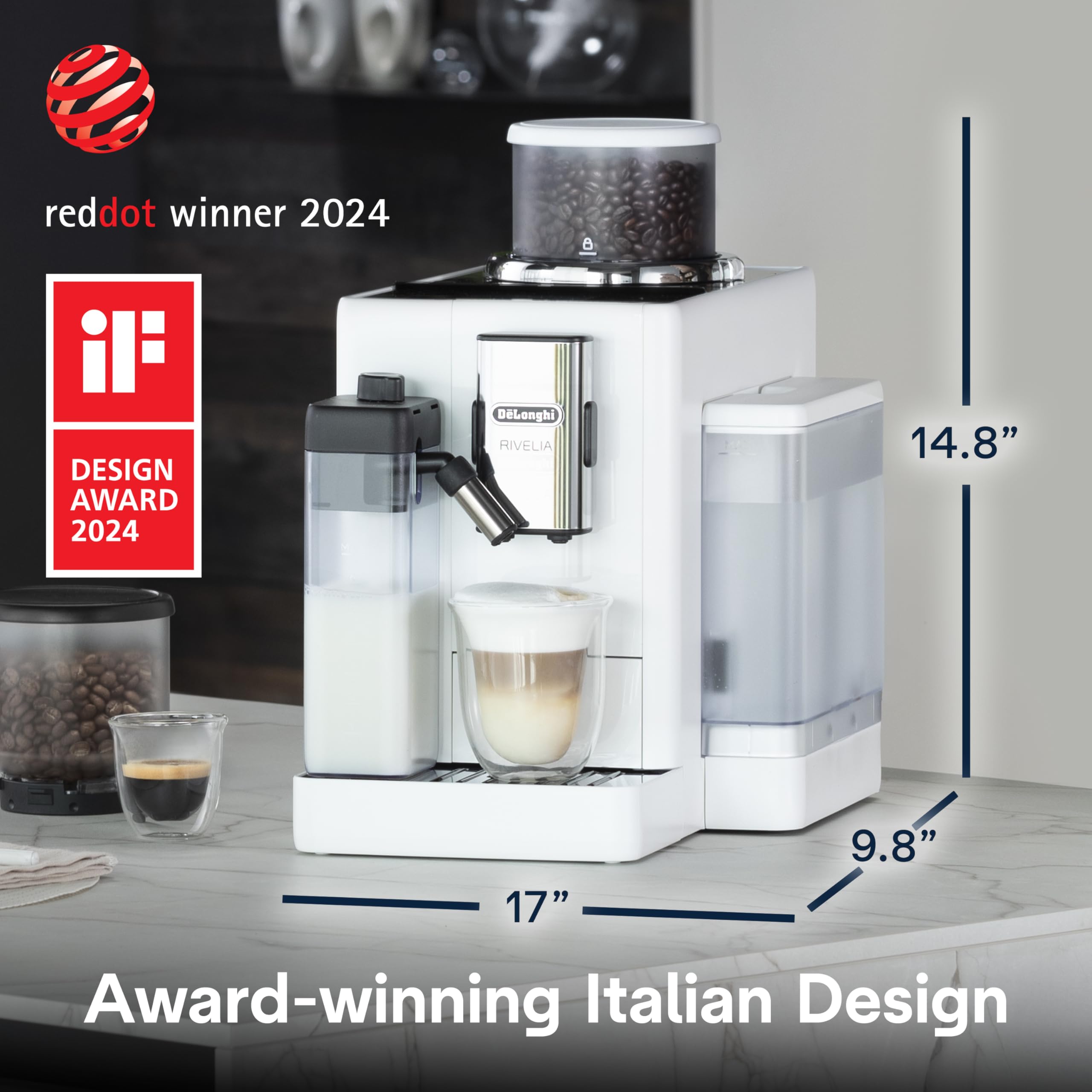 De'Longhi Rivelia Automatic Espresso Machine with Grinder & Milk Frother – All-in-One Coffee Maker, Hot & Iced Latte, Cappuccino, Bean Switch System, Burr Grinder, Compact Italian Design, Black