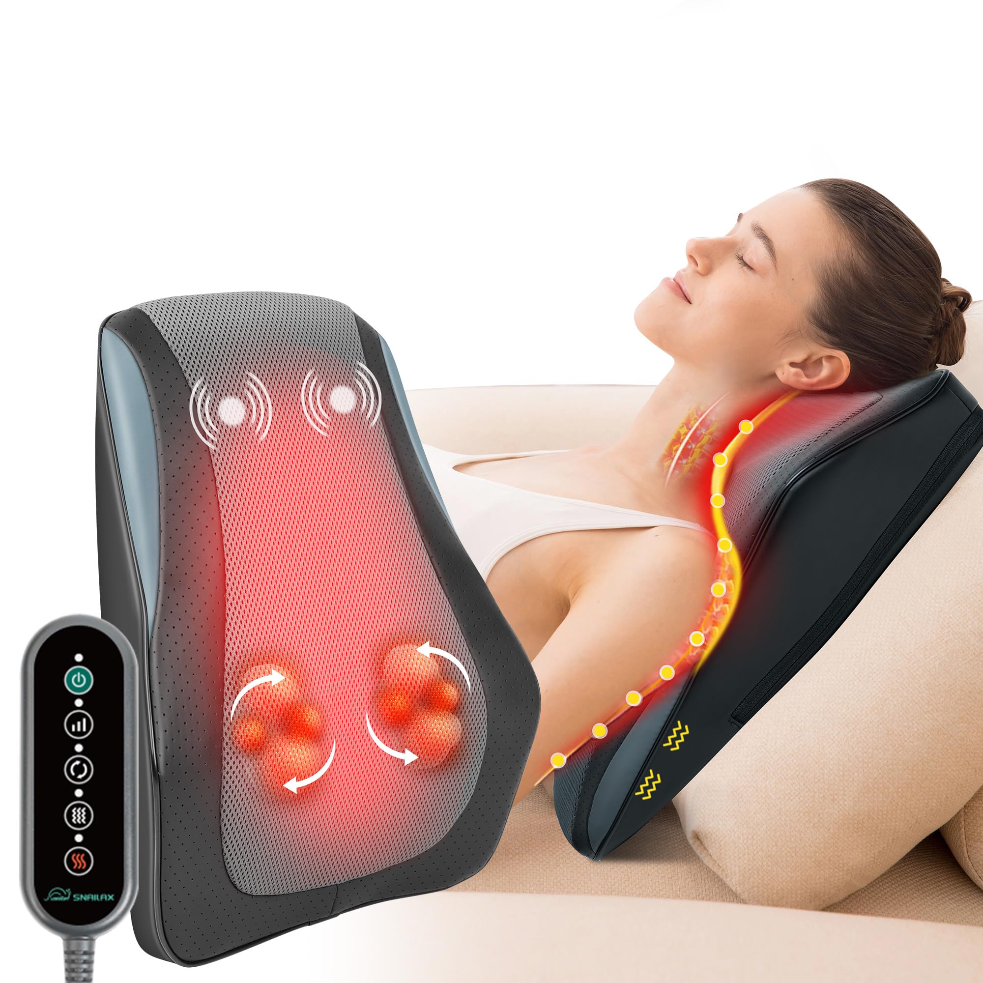 Snailax Back Massager with Heat – 3D Shiatsu Massage Pillow for Neck & Back, Fixed Kneading Nodes, Chair & Sofa Use, Gift for Mom, Dad, Women & Men