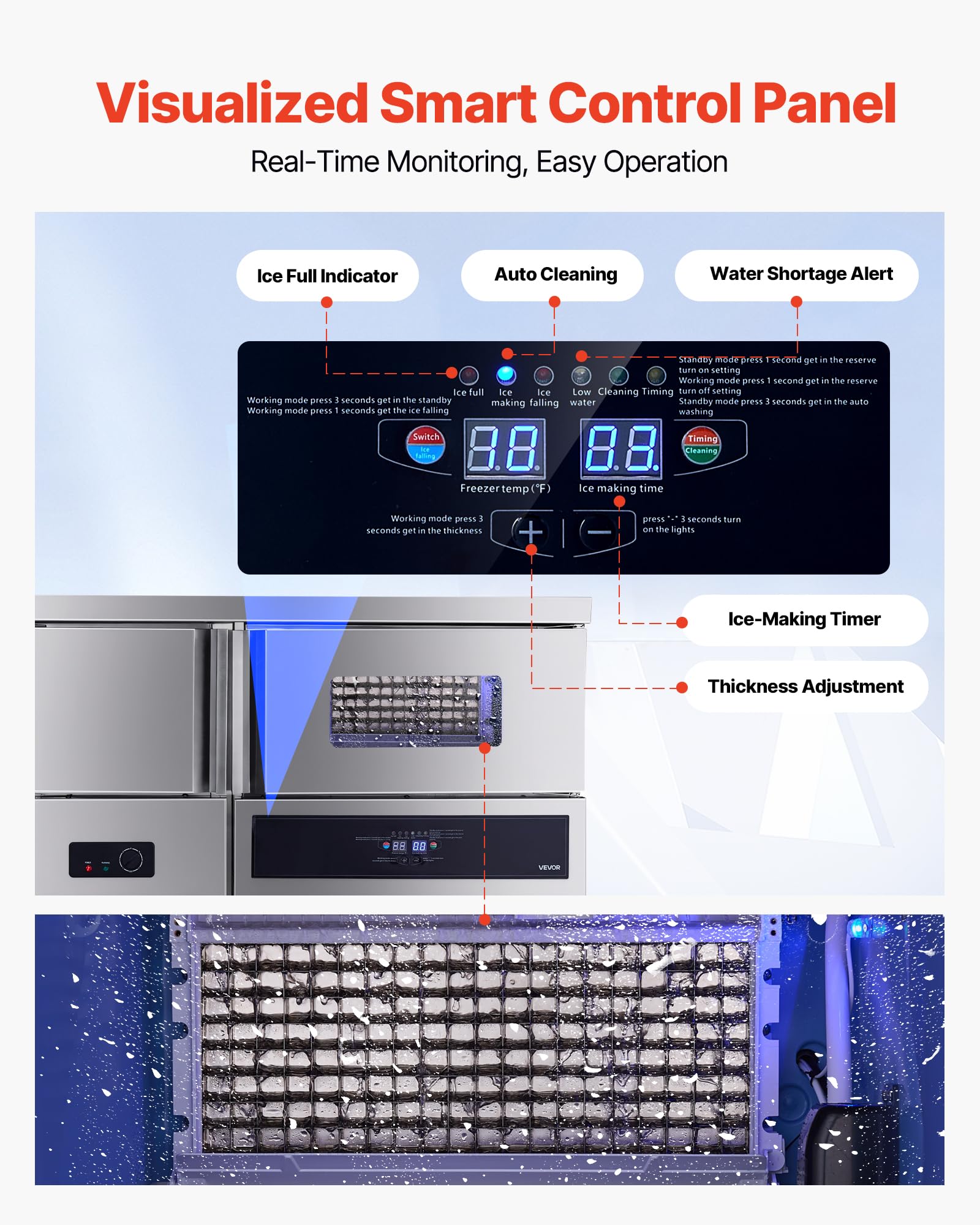 VEVOR Commercial Ice Maker Machine, 330 lbs/24H Stainless Steel Ice Machine with Worktop, 88 lbs Storage & 144 Cubes/Cycle, Self-Cleaning Freestanding Ice-Making for Home Bar Office Restaurant Kitchen