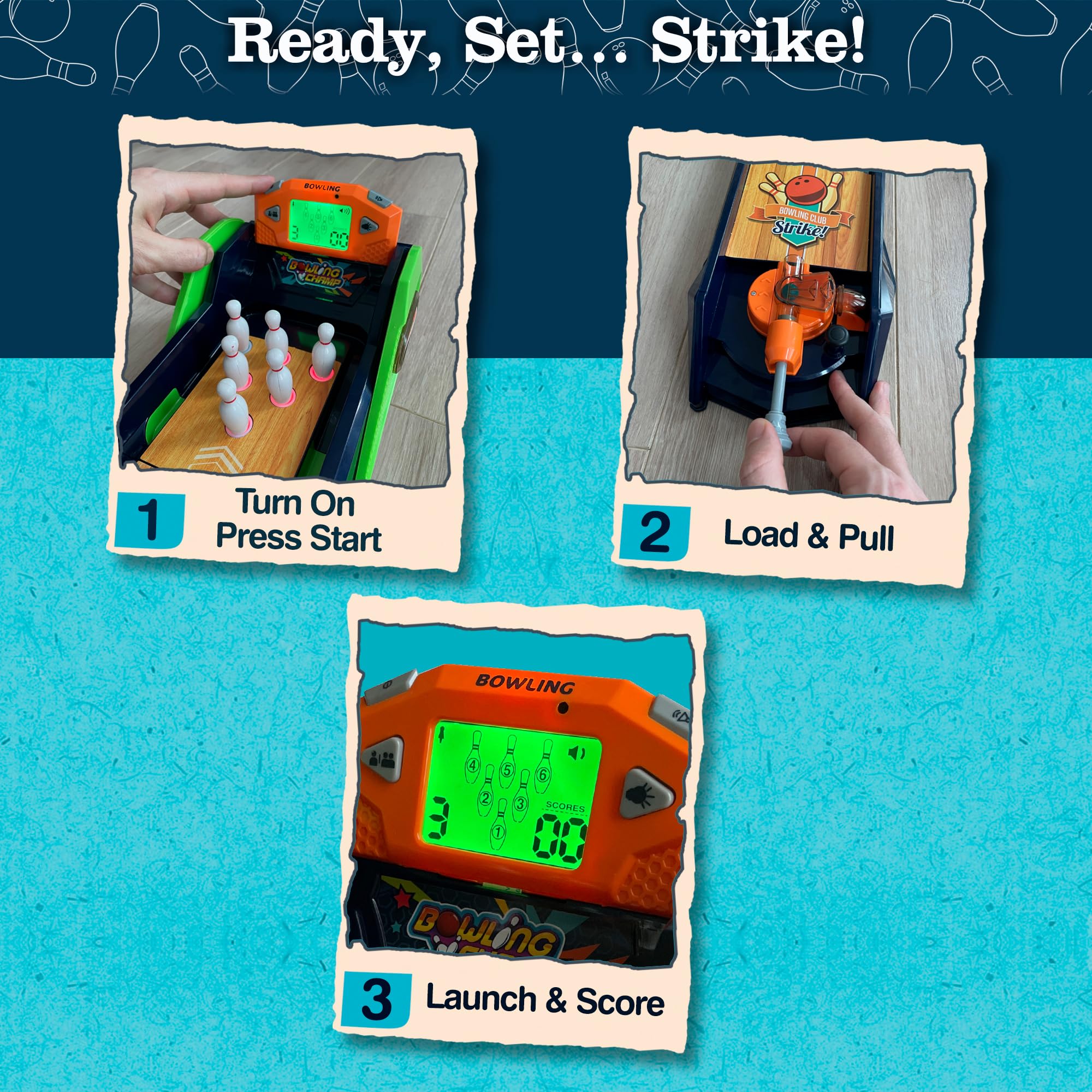 Bowling Game — Electronic Tabletop Arcade Game with LCD Auto Scoring, Lights & Sound, Spring-Loaded Launcher & 1-2 Player Modes — Mini Bowling Set for Kids