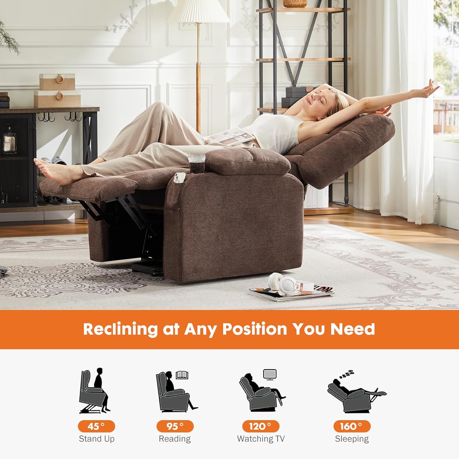 Sweetcrispy Power Lift Recliner Chair with Vibration Massage and Heat for Adults, Ergonomic Overstuffed Breathable Fabric Reclining Chair with Side Pockets, Remote Control, Living Room, Bedroom, Brown
