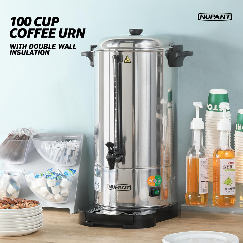 NUPANT Commercial Coffee Urn 100 Cup/15L Coffee Dispenser with Upgraded Percolator, Double Wall 304 Stainless Steel Hot Water Urn Beverage Dispenser, Keep Warm Large Coffee Maker for Catering Party
