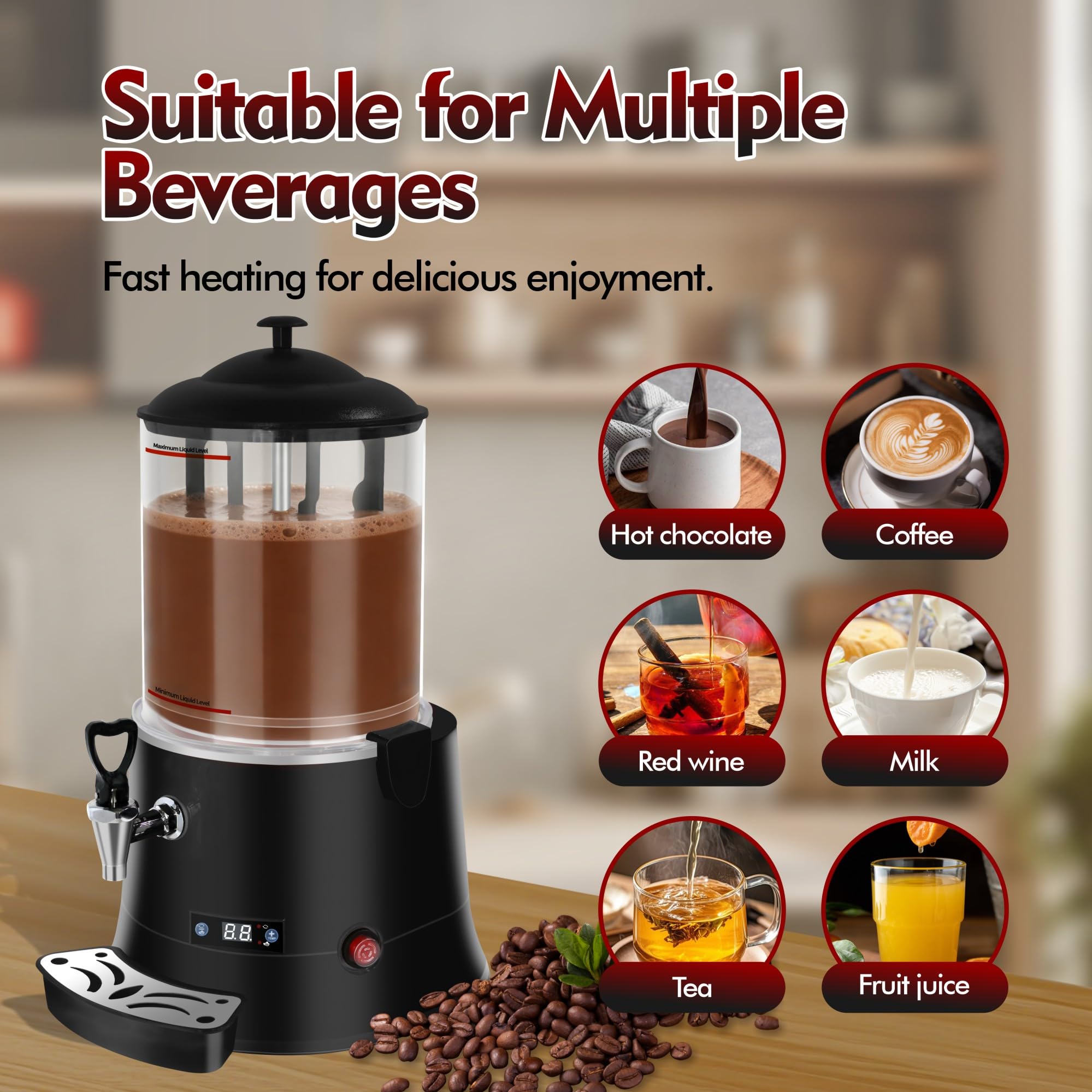 10L/2.64Gal Commercial Hot Chocolate Machine, with Intelligent Temperature Control Hot Beverage Warmer, Temperature Range 86°F-194°F, Heat Chocolate, Coffee, Tea, Juice, and Red Wine-Red 5i5