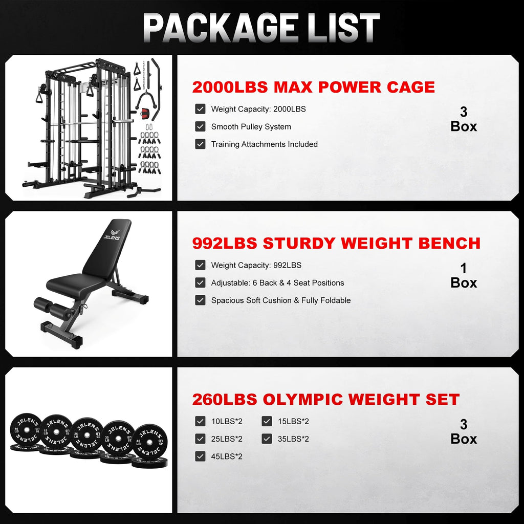 JELENS Smith Machine for Home Gym, Multi-Function M12 Power Cage with Cable Crossover System, Squat Rack with Smith Bar and More Attachment