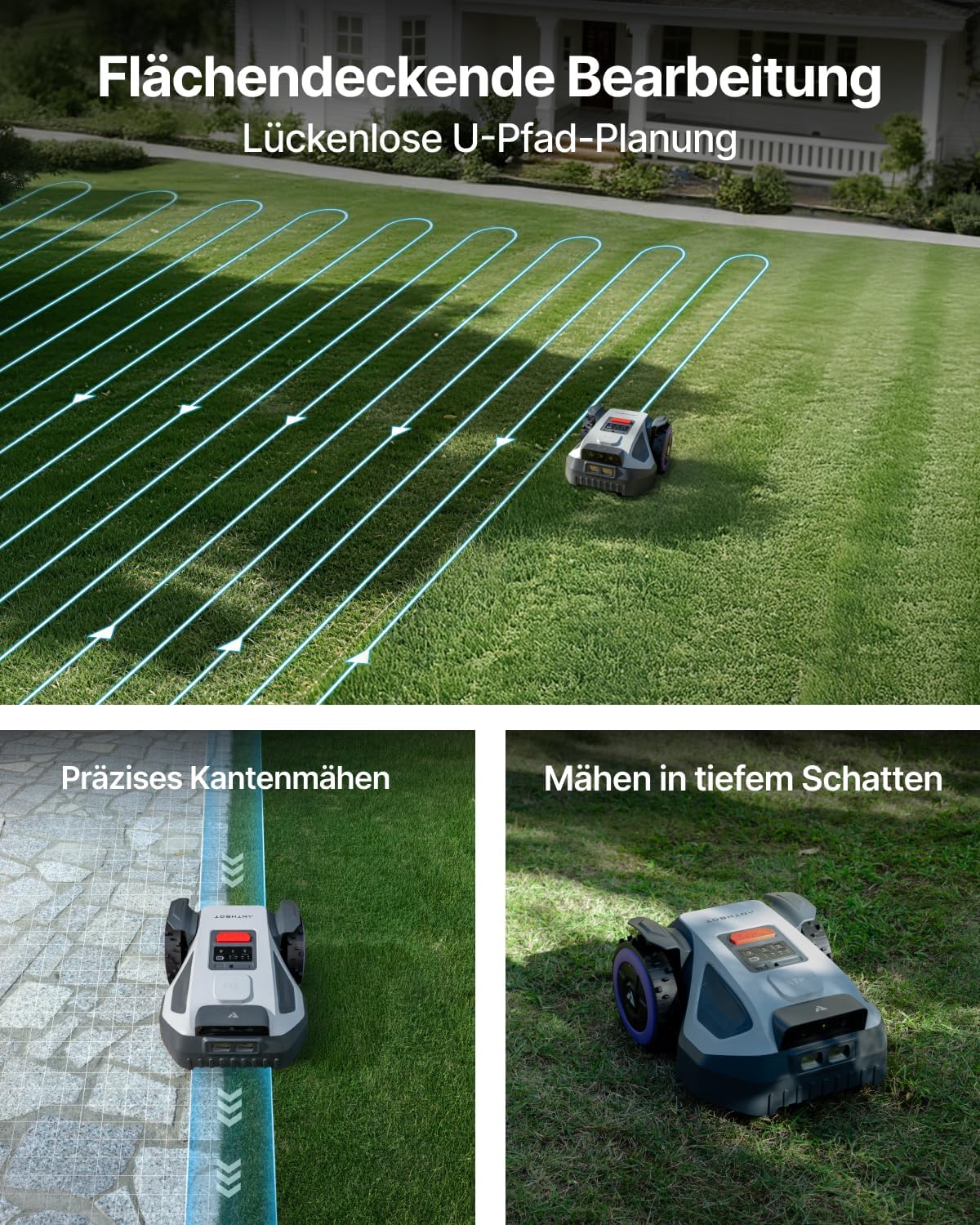 ANTHBOT M5 Robot Lawn Mower Perimeter Wire Free 1/8 Acre Dual RTK+Dual Vision Robotic Lawnmower, AI-Assisted Mapping, Virtual Boundary, APP Control, 58dB(A) Quiet, Multi-Zone Management