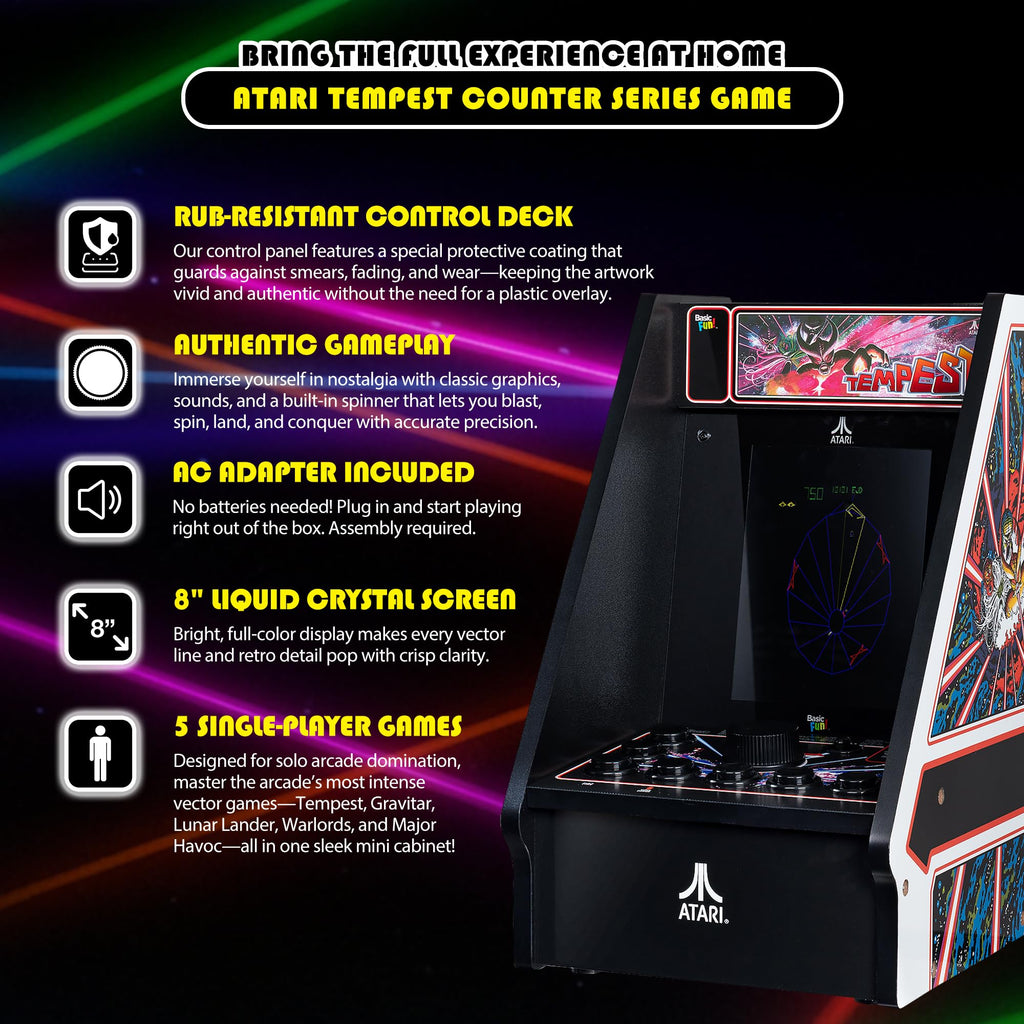 Arcade Classics - Atari Asteroids Counter Series Game Machine, 5 Games, 8" Liquid Crystal Screen - Mini Cabinet, Portable Gaming, Retro, Countertop Console, Basement Decoration, Man Cave