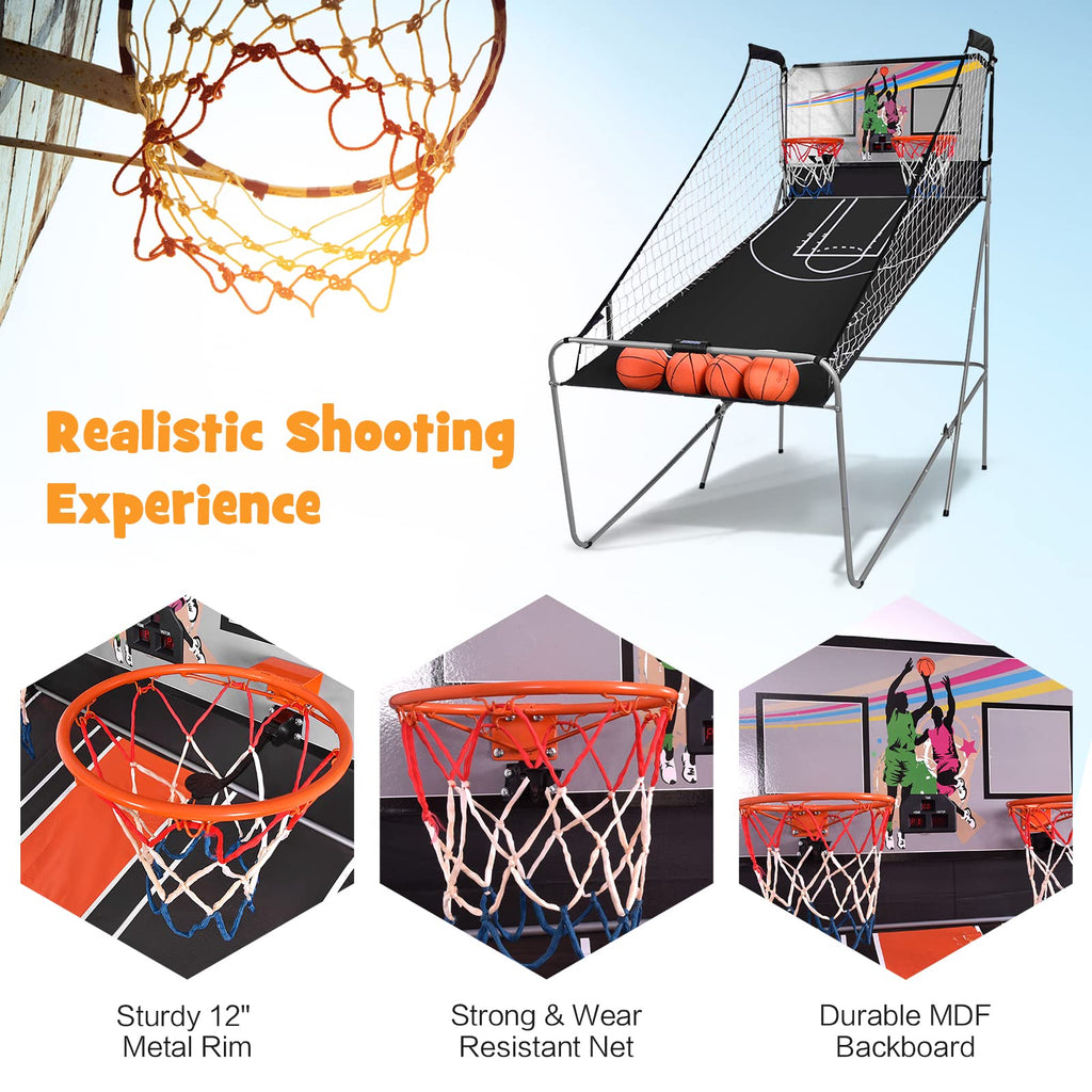 Goplus Foldable Dual Shot Basketball Arcade Game, Electronic Basketball Hoop w/LCD Scoreboard, 8 Game Modes, 4 Balls, Indoor Outdoor Basketball Game Machine for Adults (Green)