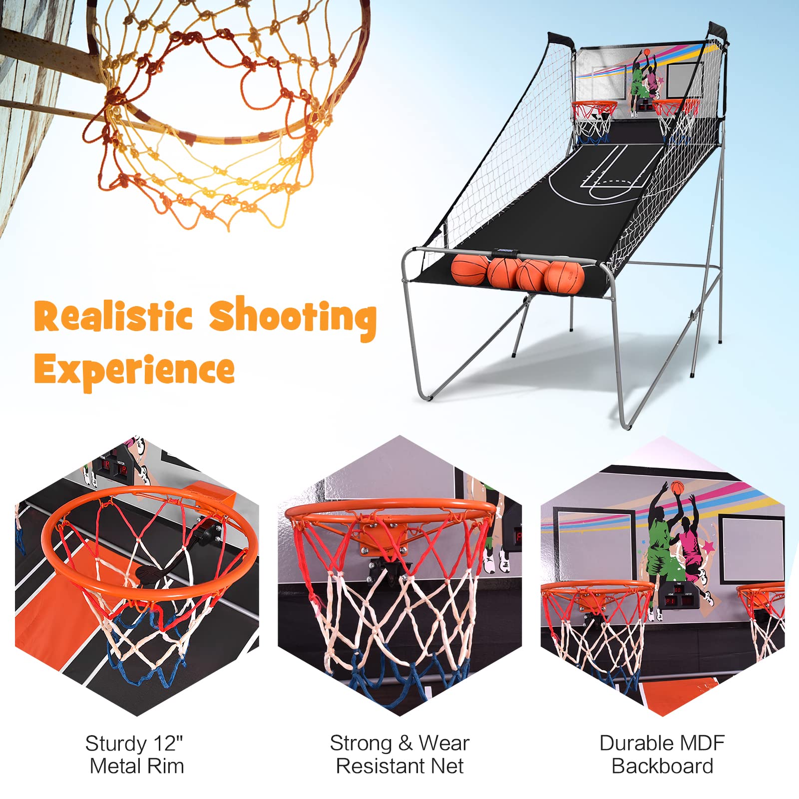 Goplus Foldable Dual Shot Basketball Arcade Game, Electronic Basketball Hoop w/LCD Scoreboard, 8 Game Modes, 4 Balls, Indoor Outdoor Basketball Game Machine for Adults (Green)