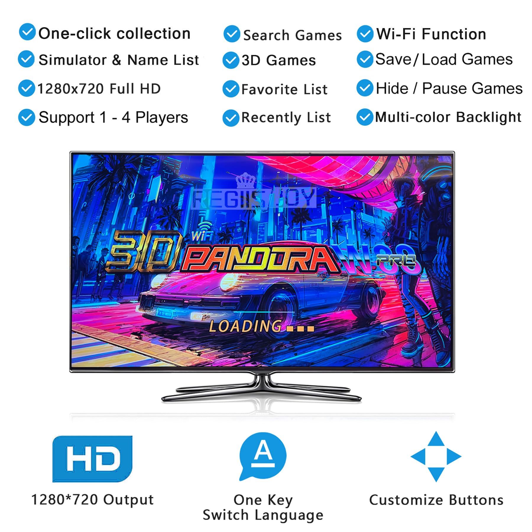 RegiisJoy 36800 in 1 Arcade Game Console Pandoras W88 Pro WiFi Function Game Machine for PC & Projector & TV, 2-4 Players, 1280X720, 3D Games, Search/Hide/Save/Load/Pause Games, Favorite List