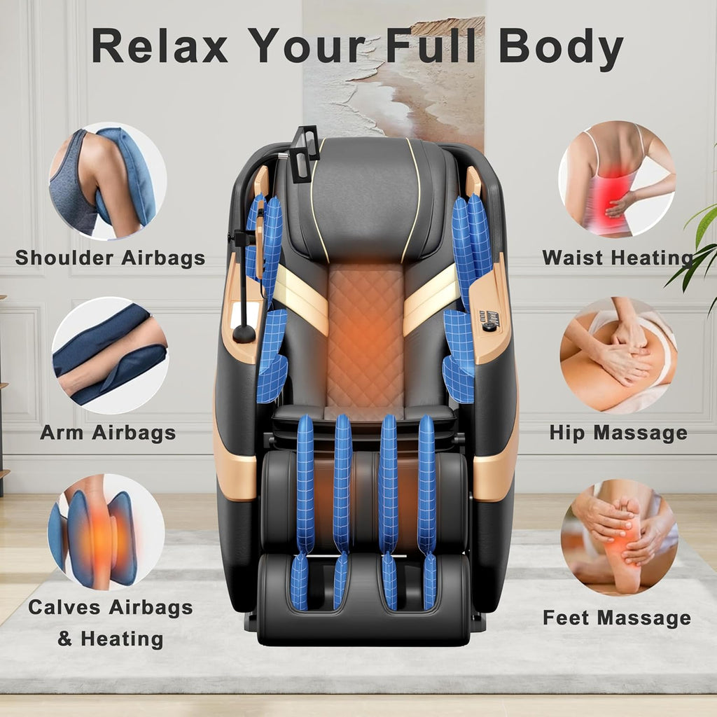 Massage Chair Full Body, Zero Gravity Massage Recliner with 12 Fixed Casters, Full Body Airbag Massage, Waist and Leg Heating, Automatic Retractable Footrest, AI Voice Control