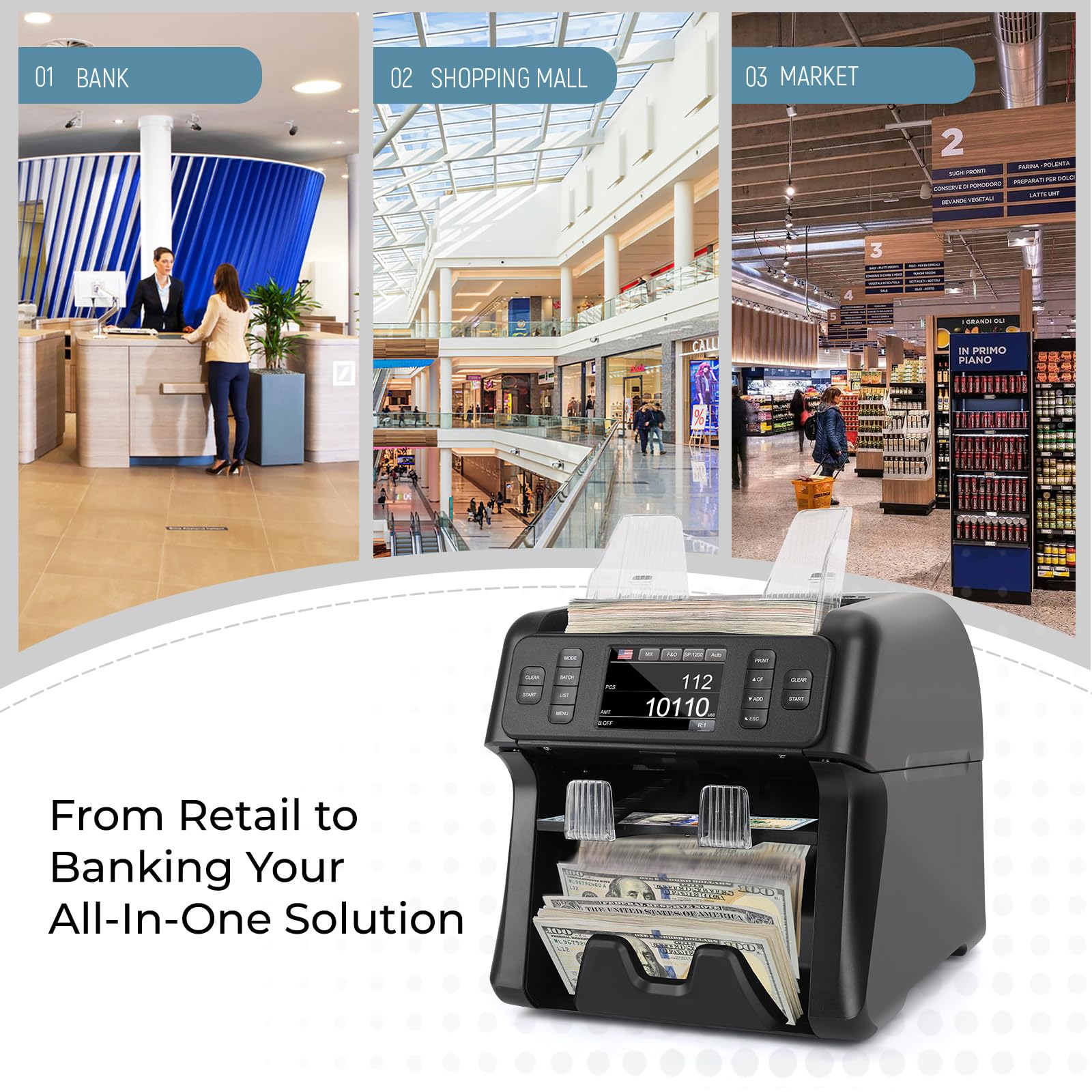 NUCOUN Mixed Denomination Money Counter Machine,Mixed Value Bill Counter and Sorter,with Reject Pocket,Multi Currency Note Counter,Counterfeit Detection 2 CIS/UV/MG/IR,4 inch Touch Screen,SN Record