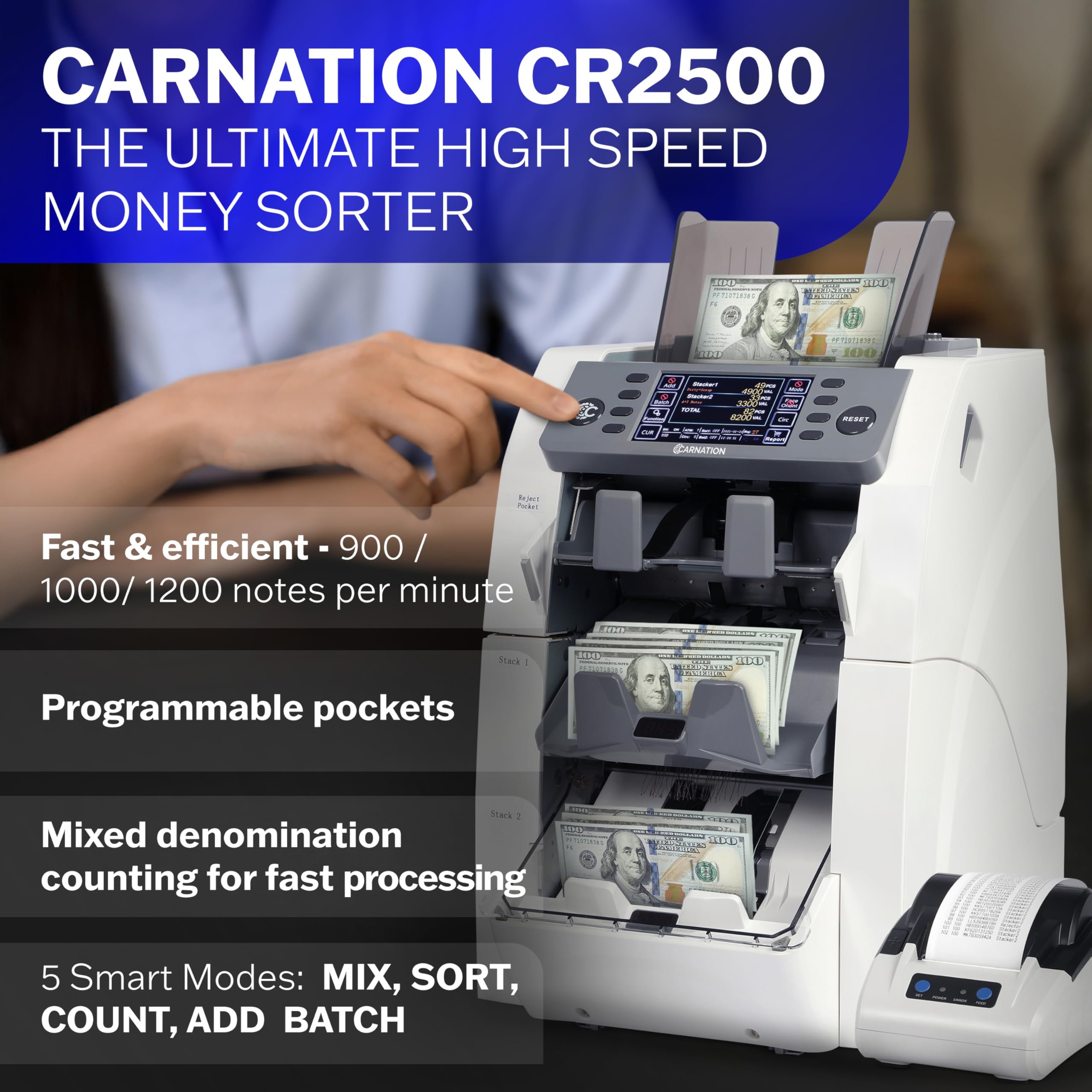 Carnation Money Counter Machine Cash Counting & Mixed Denomination Bill Counter, Portable Currency Detector, Counterfeit Bank Scanner, Dollar Sorter for Commercial, 1100 N/M, UV/MG/MT/IR/2CIS