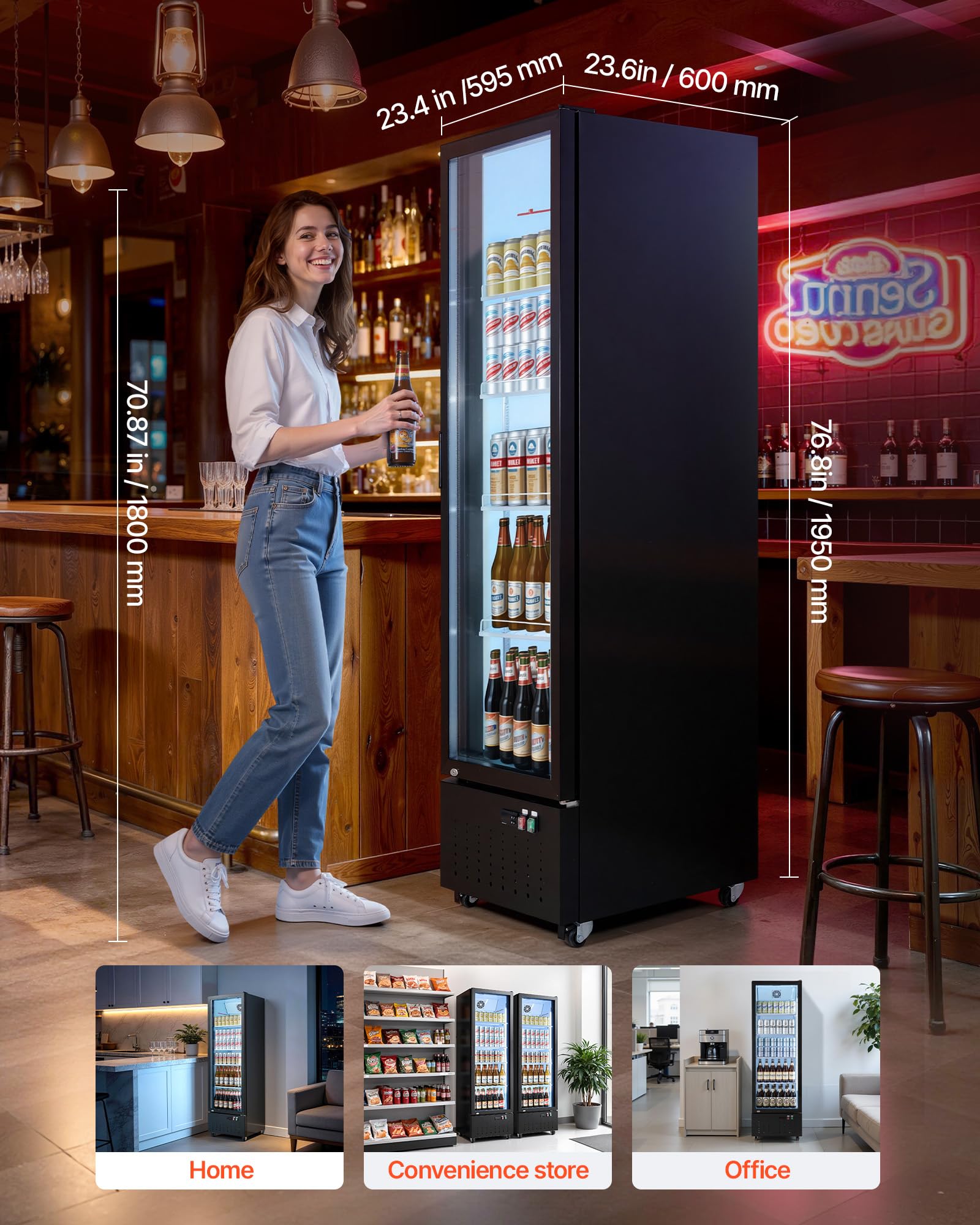 VEVOR Commercial Merchandiser Refrigerator, 6.9 Cu.Ft / 195L Glass Door Display Refrigerator, Upright Beverage Cooler Fridge with 4 Adjustable Shelves, Soft LED Light & Casters for Homes Shops Bars