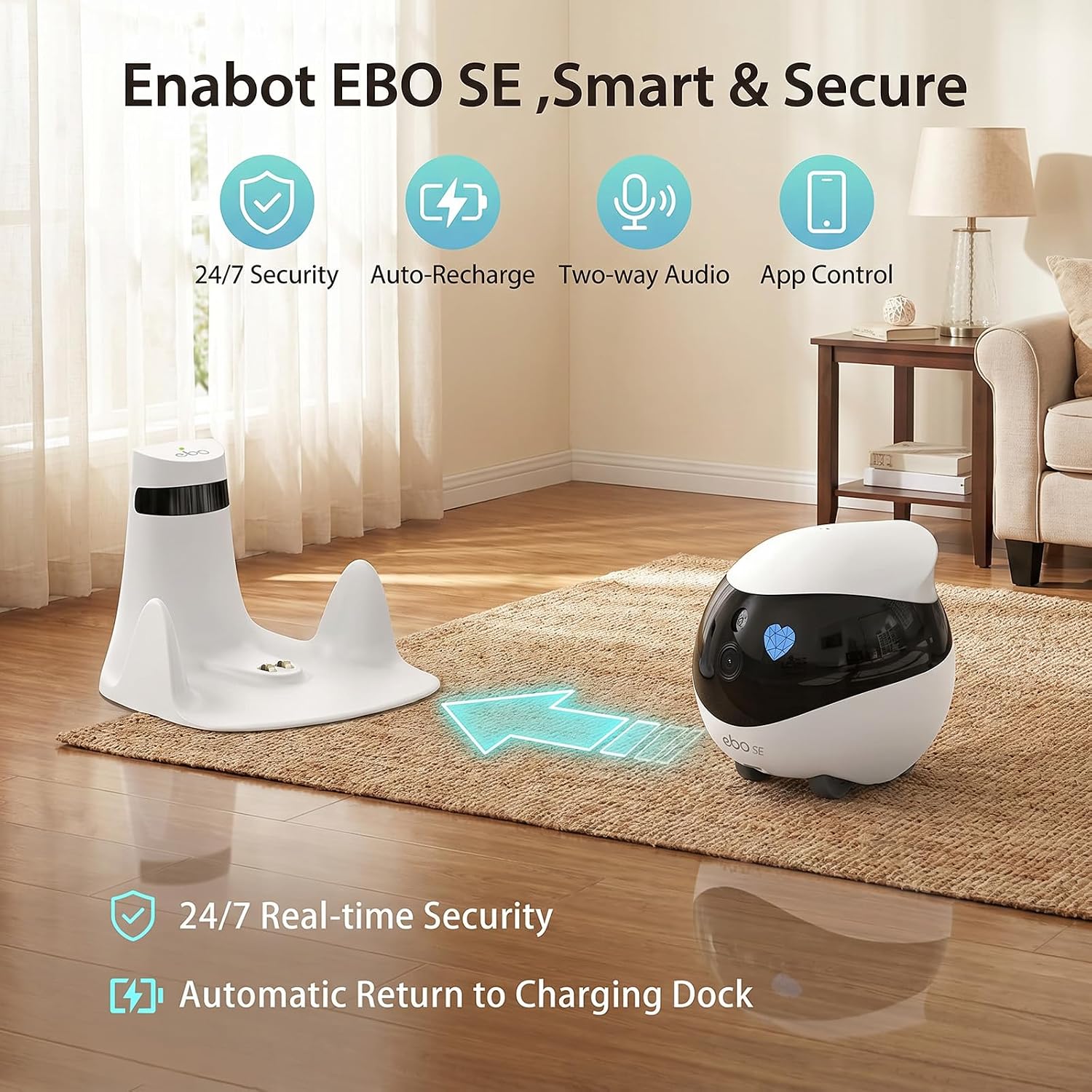 Enabot EBO SE FamilyBot Pet Camera Robot - 1080P HD Indoor Movable Home Security Camera with Auto-Recharge, Night Vision, 2-Way Talk, Local Storage, APP Control,Motion Detection for Dog/Cat Monitoring