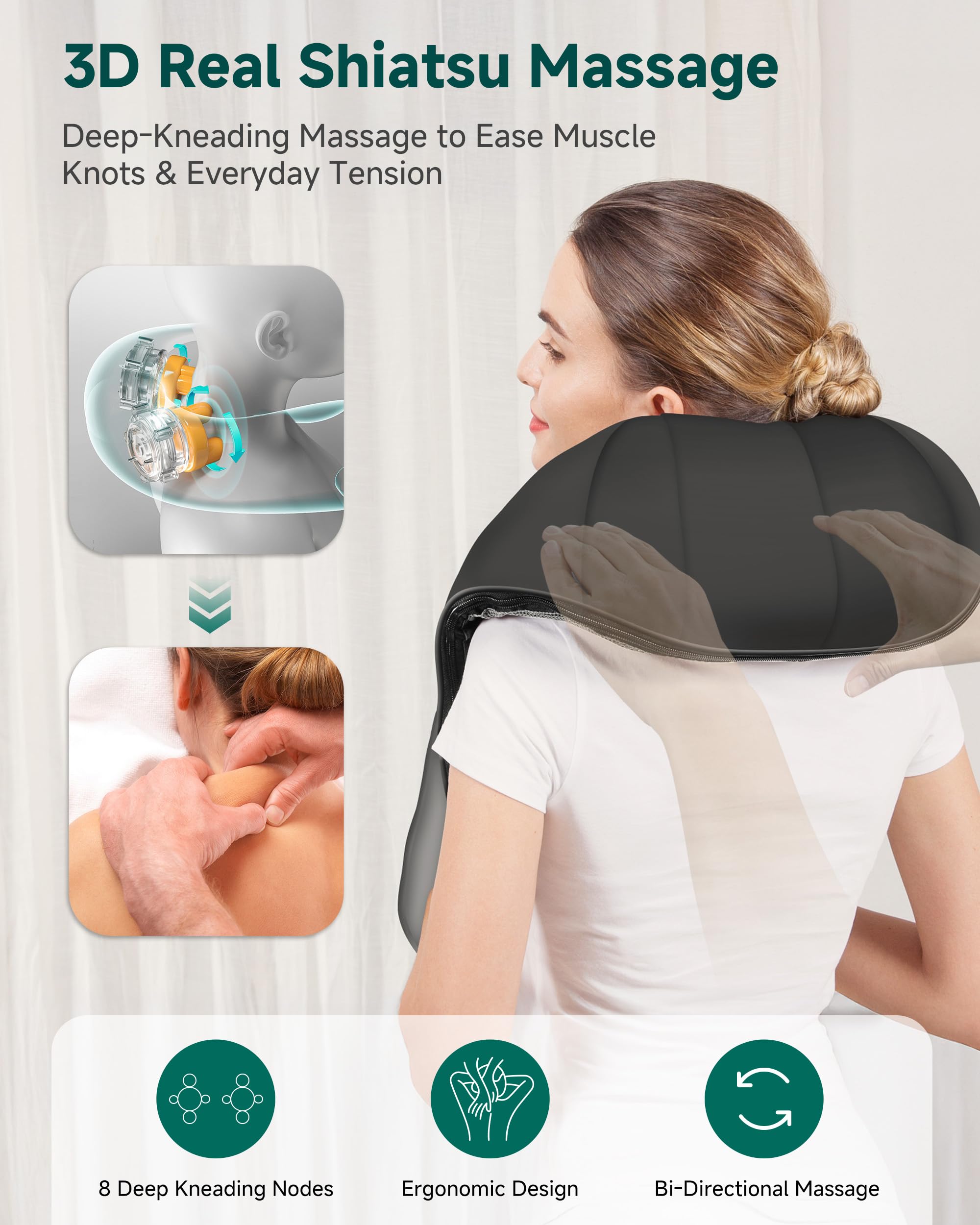 Snailax Shiatsu Neck and Shoulder Massager - Back Massager with Heat, Deep Kneading Electric Massage Pillow for Neck, Back, Shoulder,Foot,Body