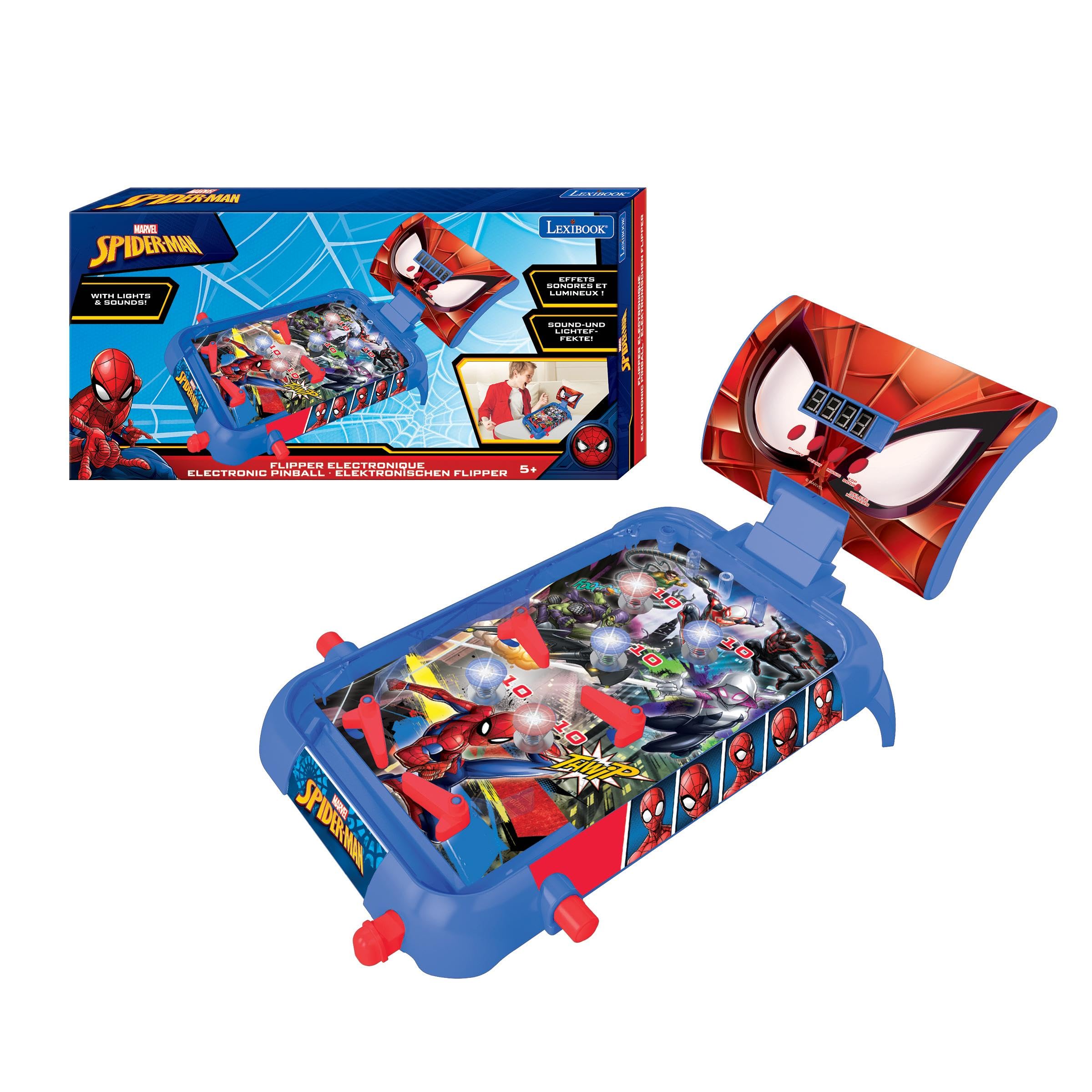 LEXiBOOK Marvel Spider-Man, Table Electronic Pinball, Action and Reflex Game for Children and familiy, LCD Screen, Light and Sound Effects, Blue/red, JG610SP