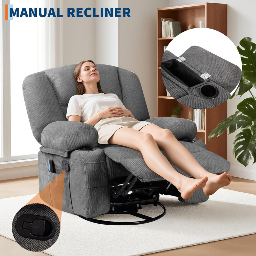 Oversized Wide Recliner Chair with Vibration Massage and Heat, 360° Swivel Recliner Glider for Adults,Chenille Fabric Manual Reclining Single Sofa with Cup Holders & Side Pockets for Living Room,White